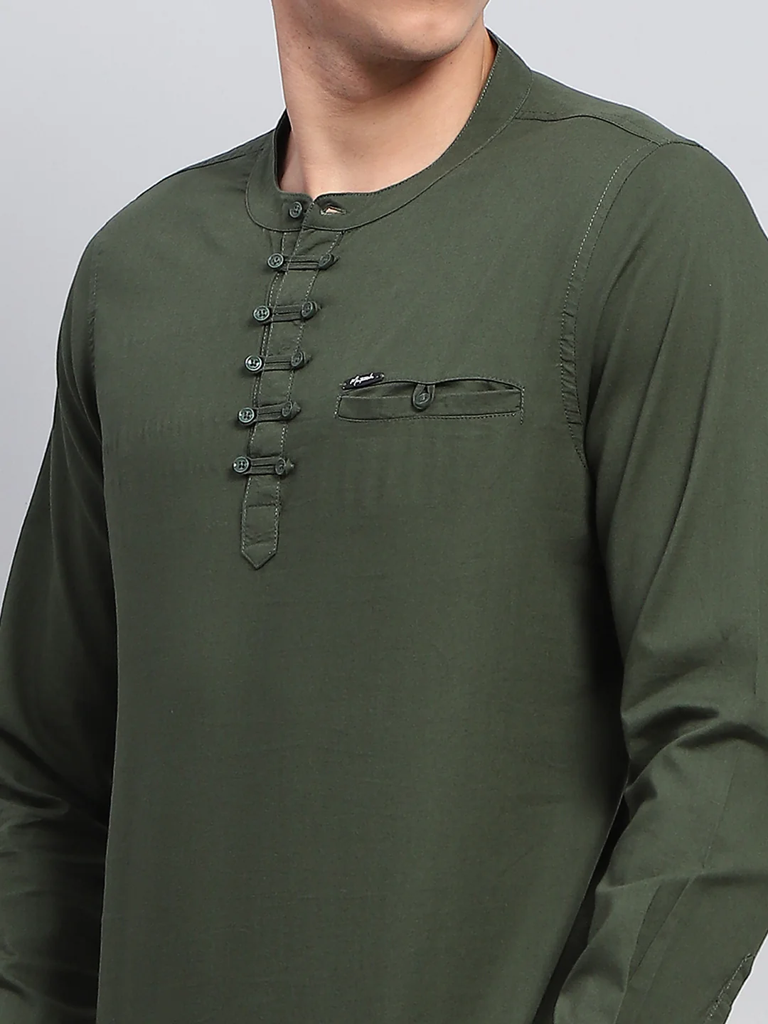 Men Olive Solid Band Collar Full Sleeve Kurta - Image 6