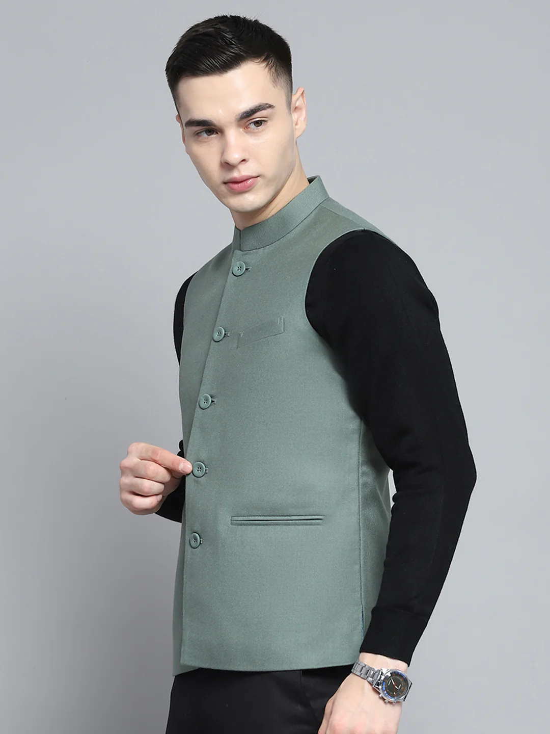 Men Olive Solid Band Collar Sleeveless Nehru Jacket - Image 3
