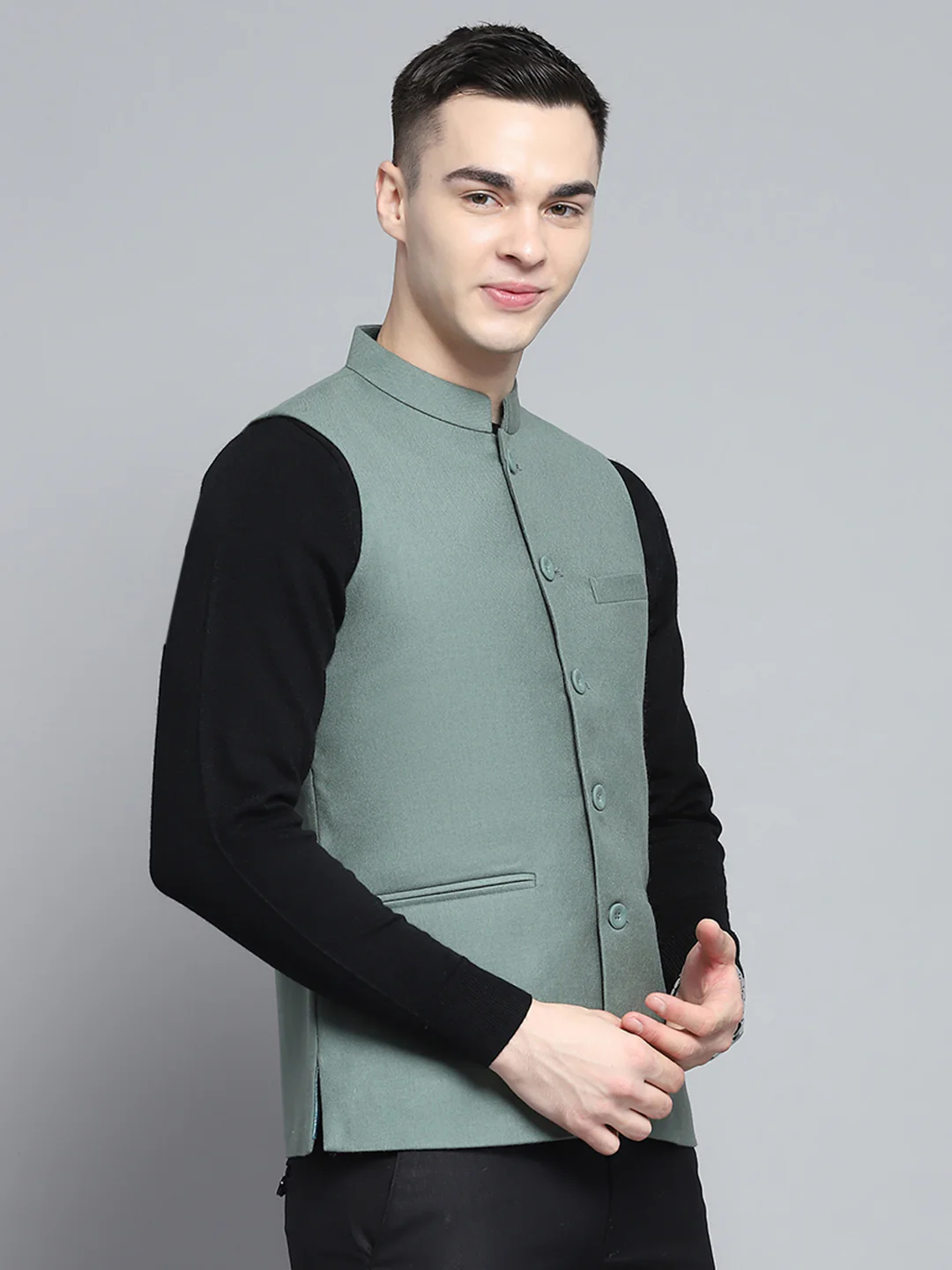 Men Olive Solid Band Collar Sleeveless Nehru Jacket - Image 4