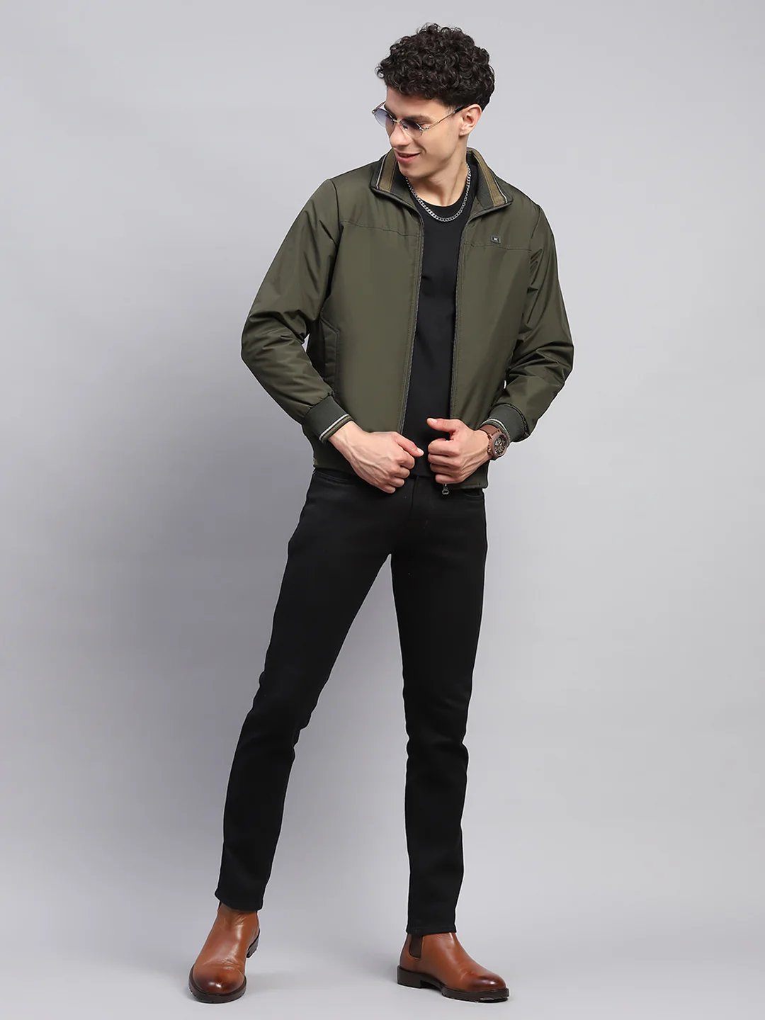 Men Olive Solid Collar Full Sleeve Jacket - Image 2