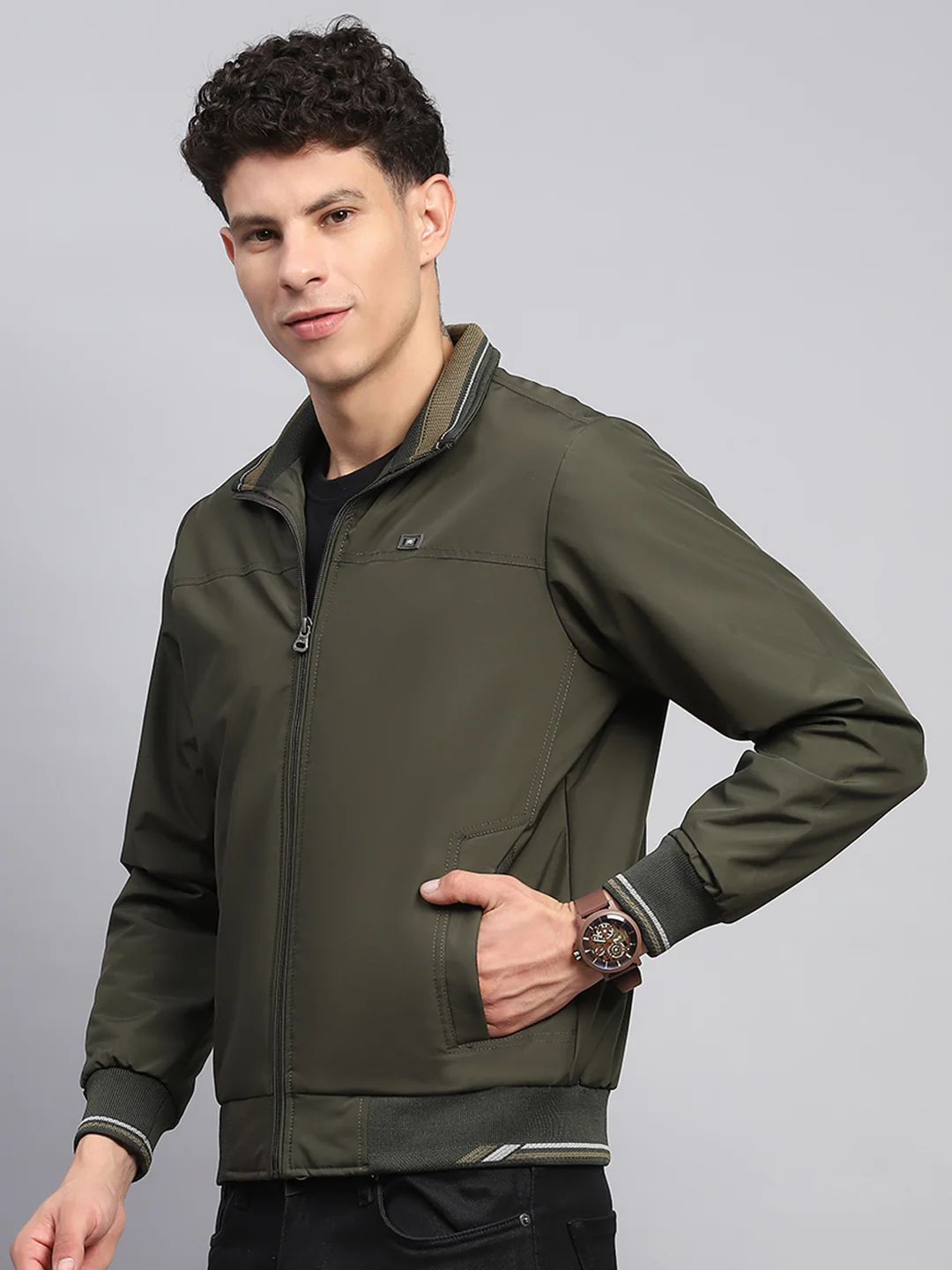 Men Olive Solid Collar Full Sleeve Jacket - Image 3