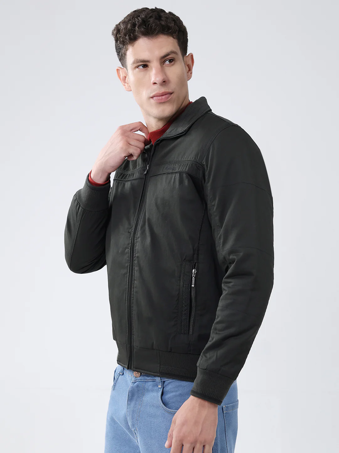 Men Olive Solid Collar Full Sleeve Jacket - Image 3