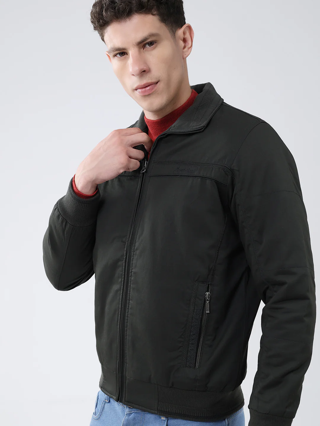 Men Olive Solid Collar Full Sleeve Jacket - Image 7