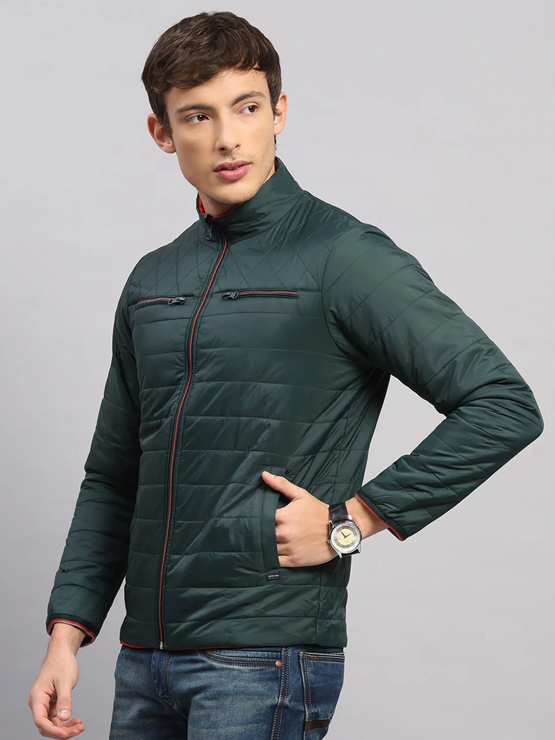 Men Olive Solid Collar Full Sleeve Jacket - Image 3