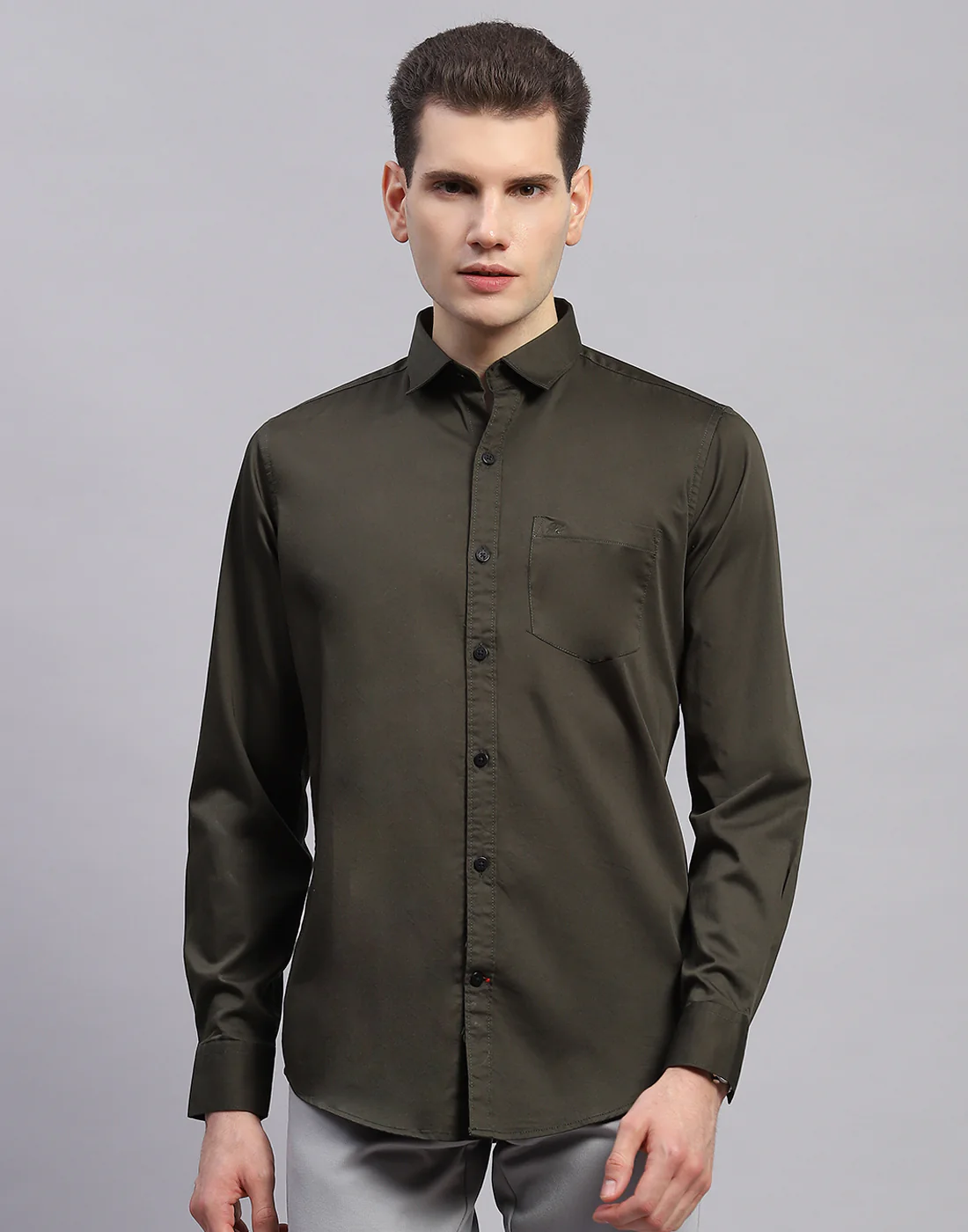 Men Olive Solid Collar Full Sleeve Shirt - Image 3