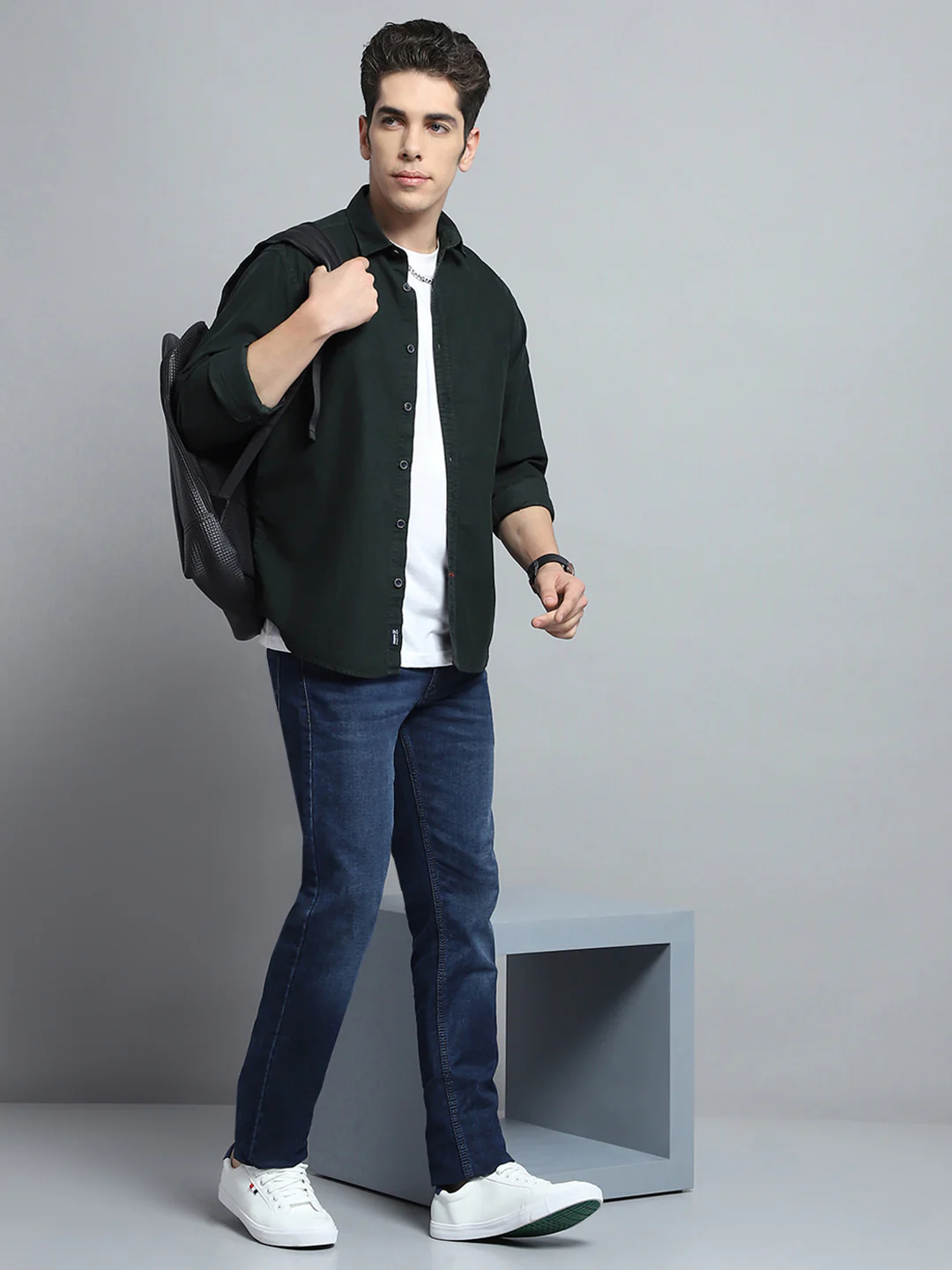 Men Olive Solid Collar Full Sleeve Shirt - Image 2