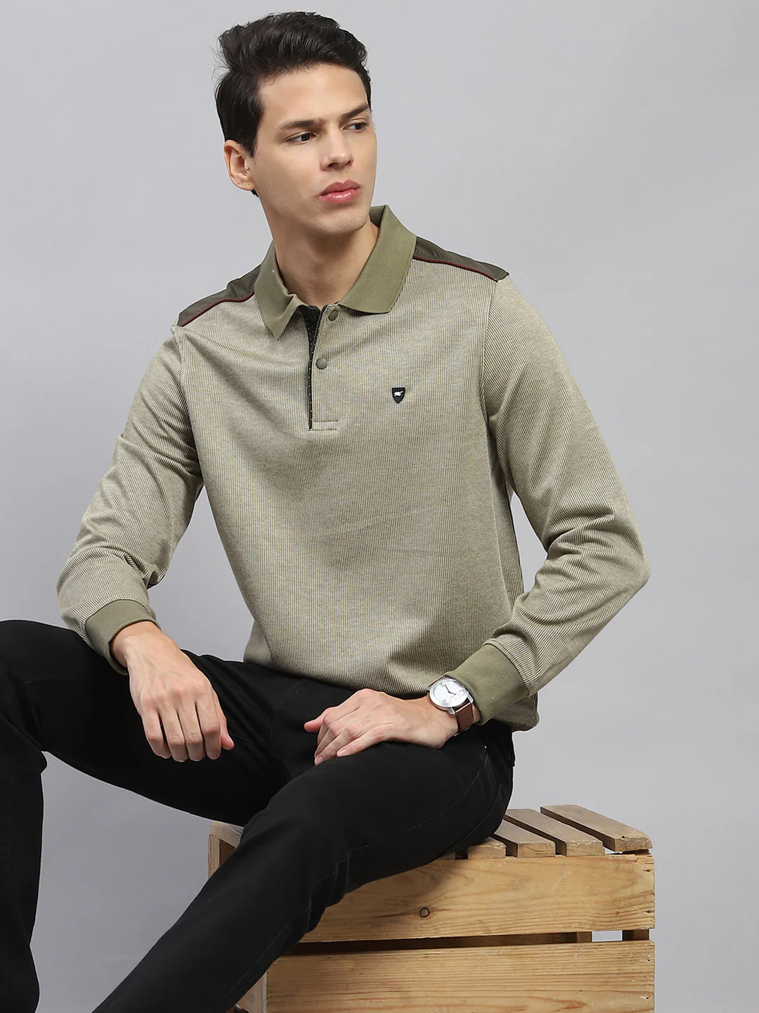 Luxuria Men Olive Solid Collar Full Sleeve Winter T-Shirt - Image 6
