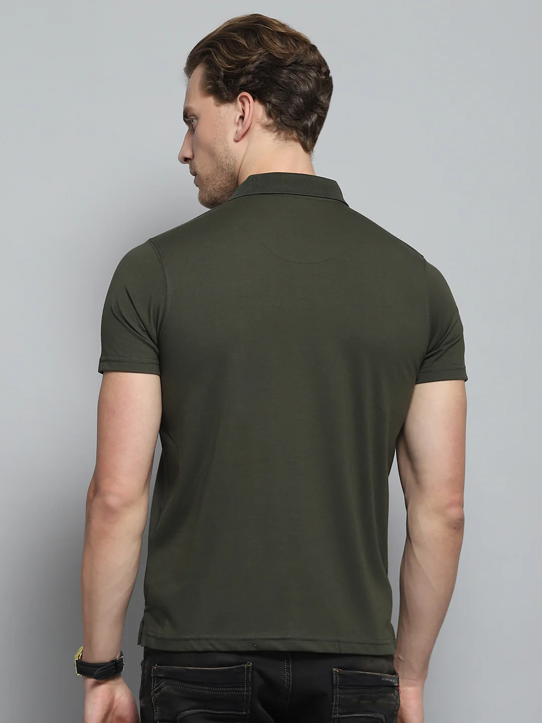 Men Olive Solid Collar Half Sleeve T-Shirt - Image 5
