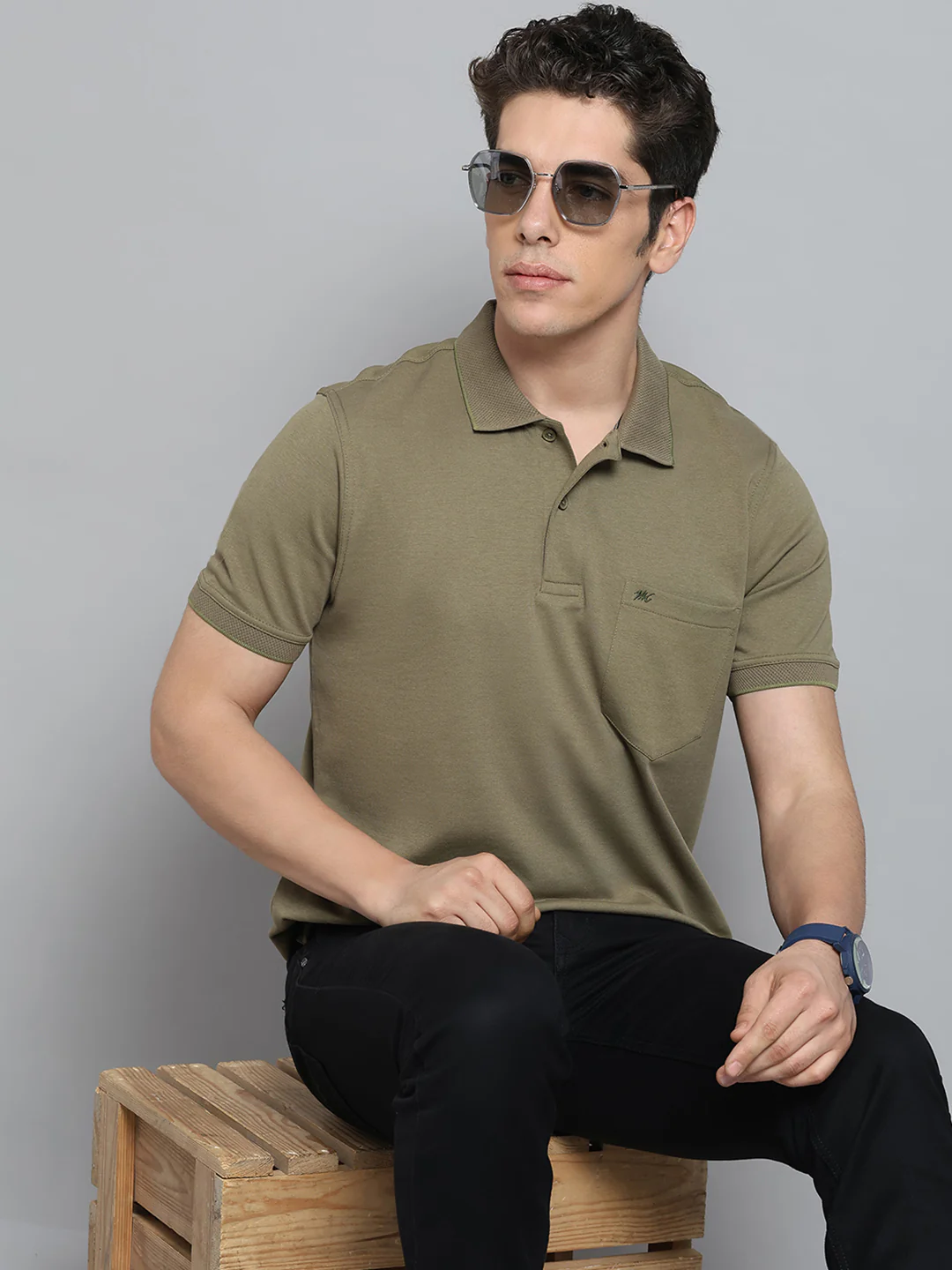 Men Olive Solid Collar Half Sleeve T-Shirt - Image 6