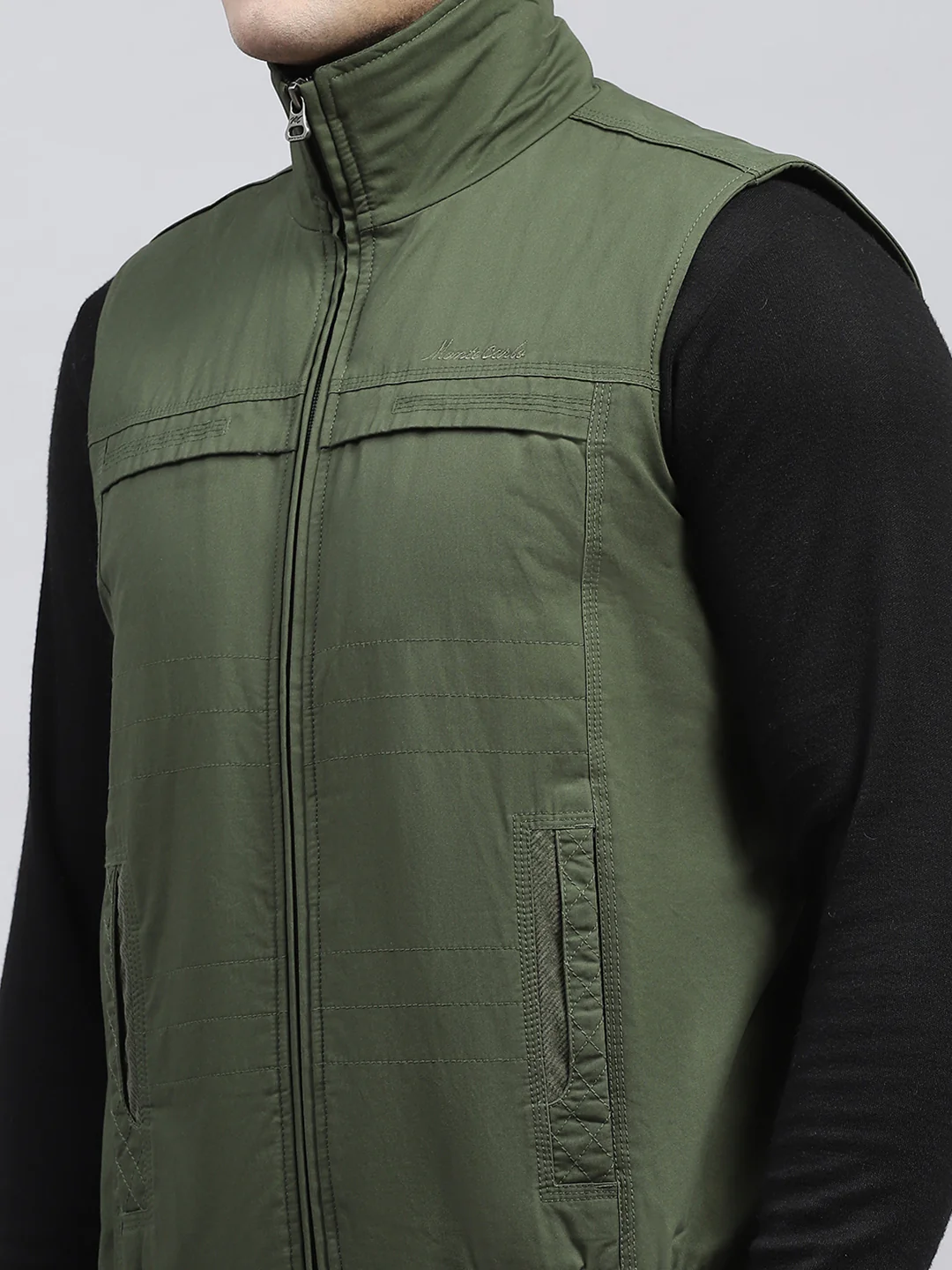 Men Olive Solid Collar Sleeveless Jacket - Image 6