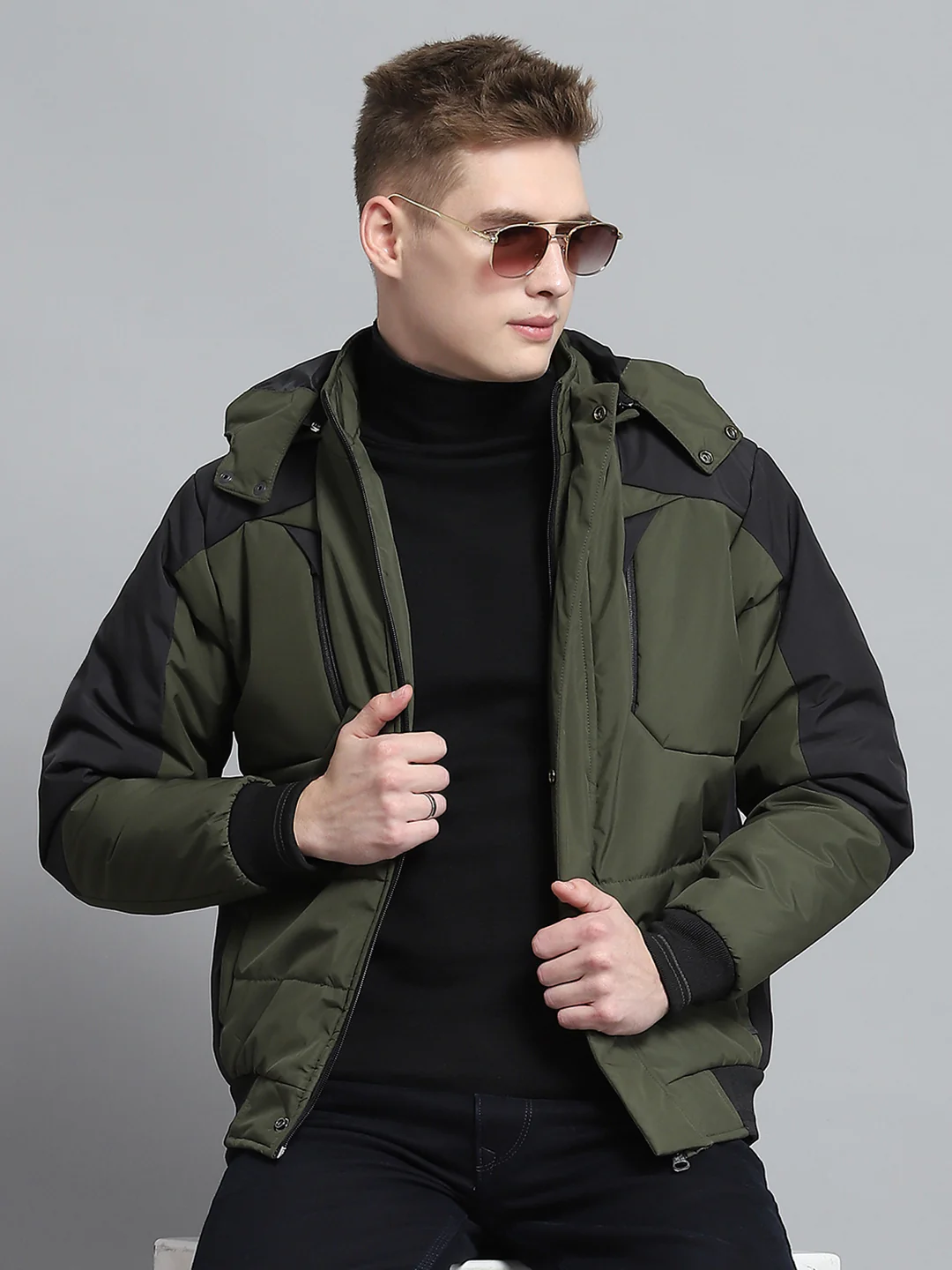 Men Olive Solid Detachable Hood Full Sleeve Jacket - Image 6