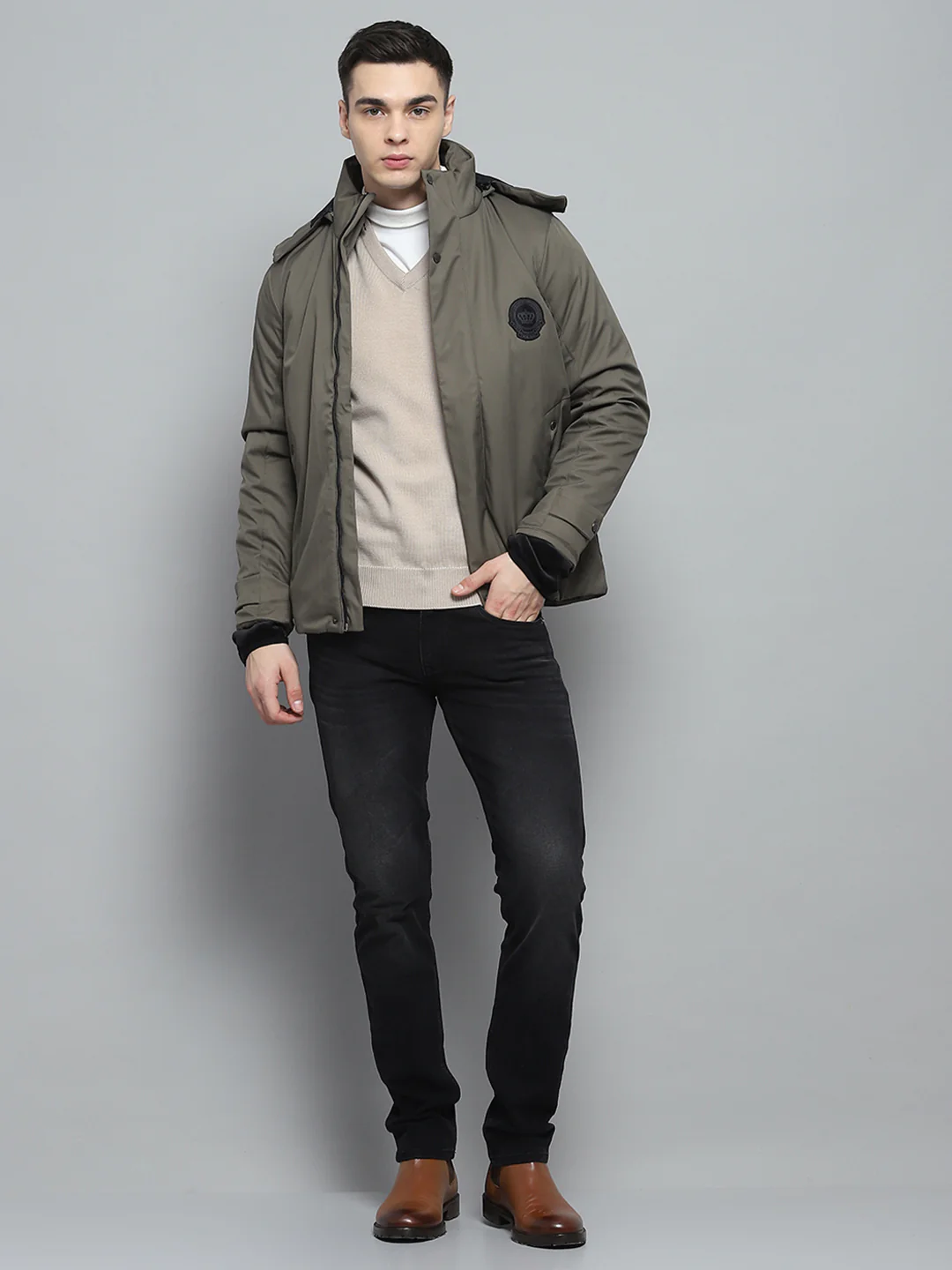 Men Olive Solid Detachable Hood Full Sleeve Jacket - Image 2
