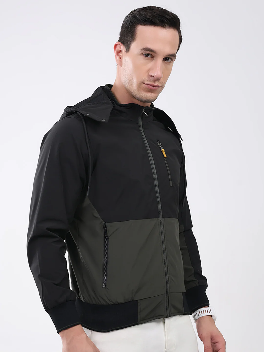 Men Olive Solid Detachable Hood Full Sleeve Jacket - Image 4
