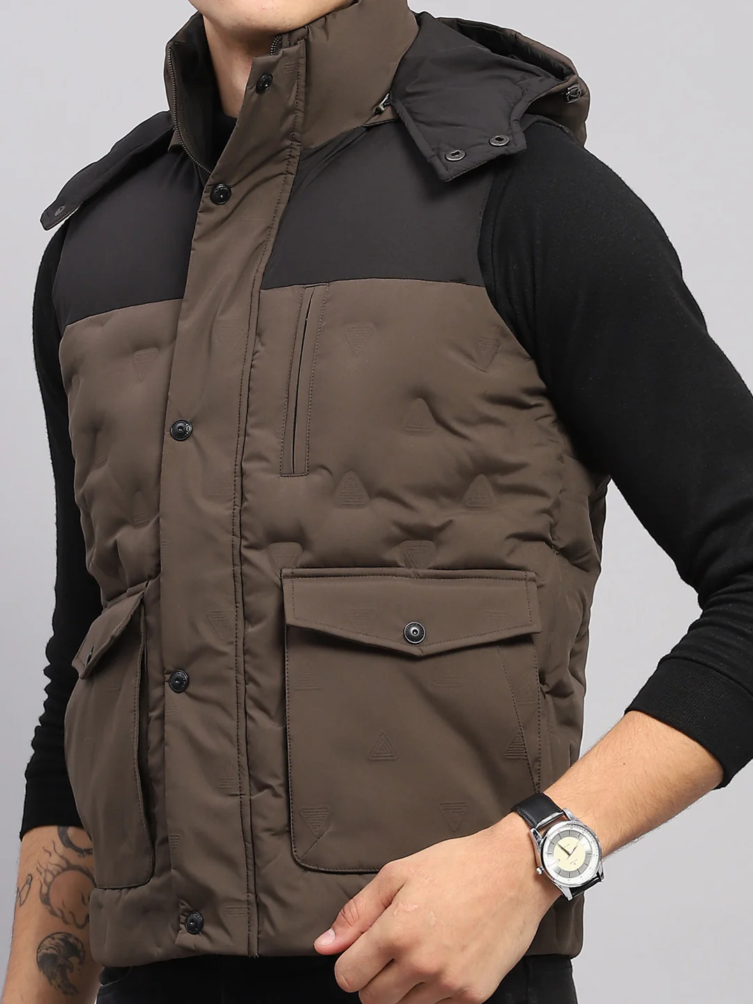 Men Olive Solid Detachable Hood Sleeveless Jacket - Image 7