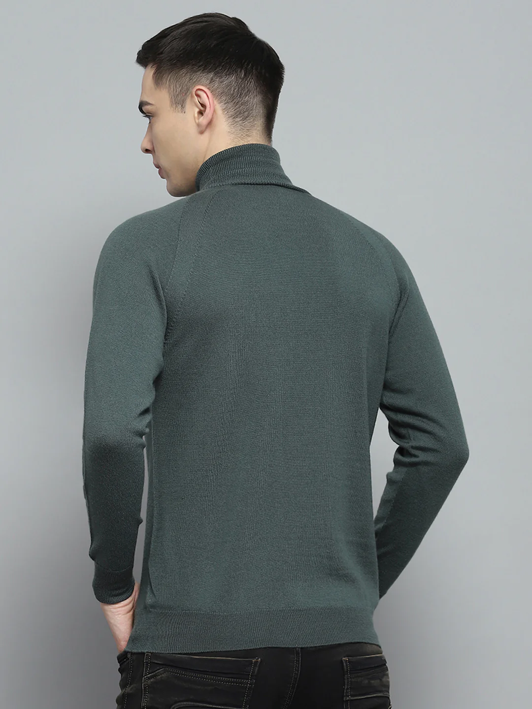 Men Olive Solid High Neck Full Sleeve Pullover - Image 5