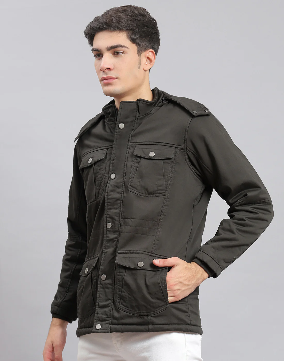 Men Olive Solid Hooded Full Sleeve Jacket - Image 3