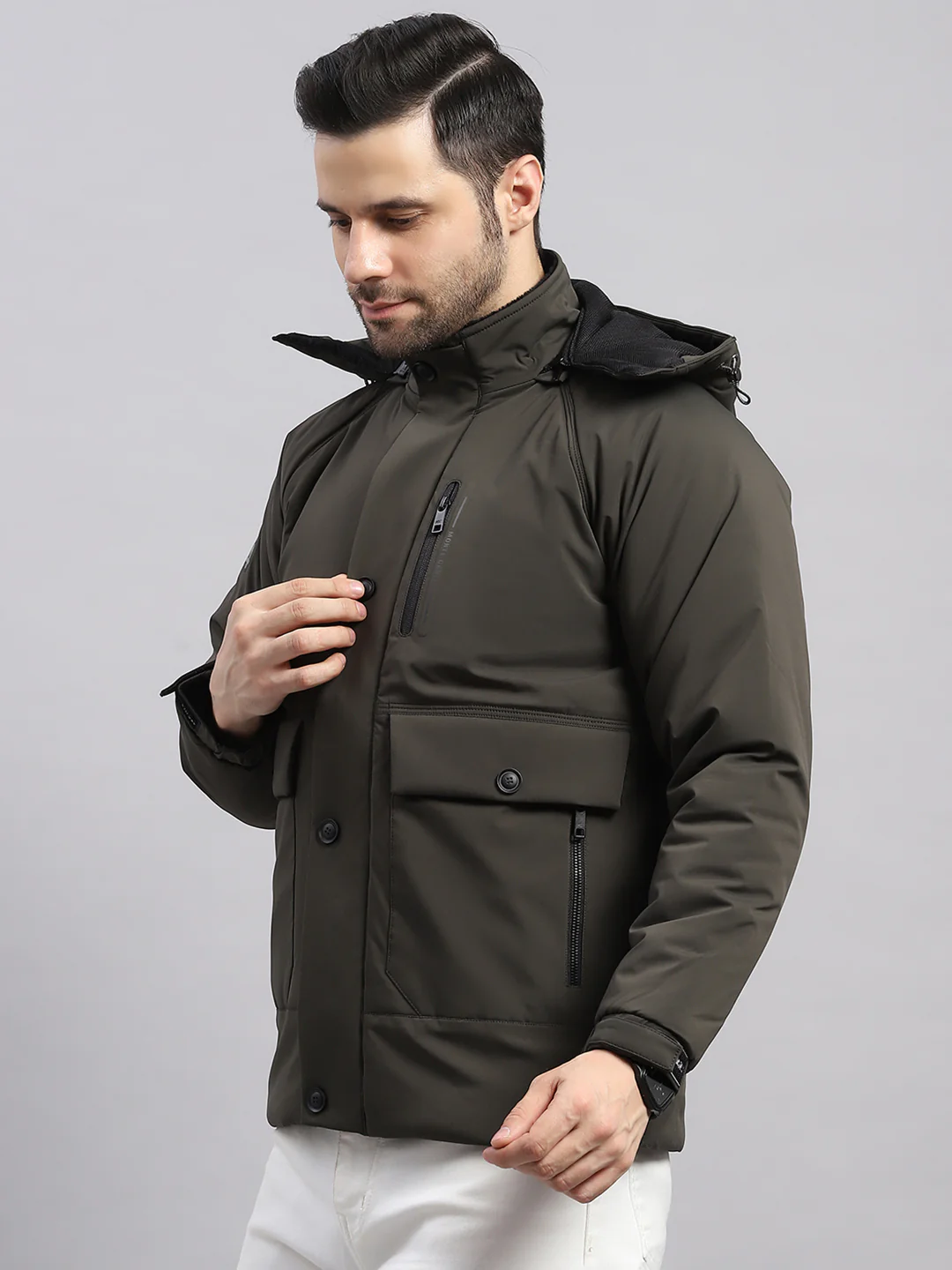 Men Olive Solid Hooded Full Sleeve Jacket - Image 3