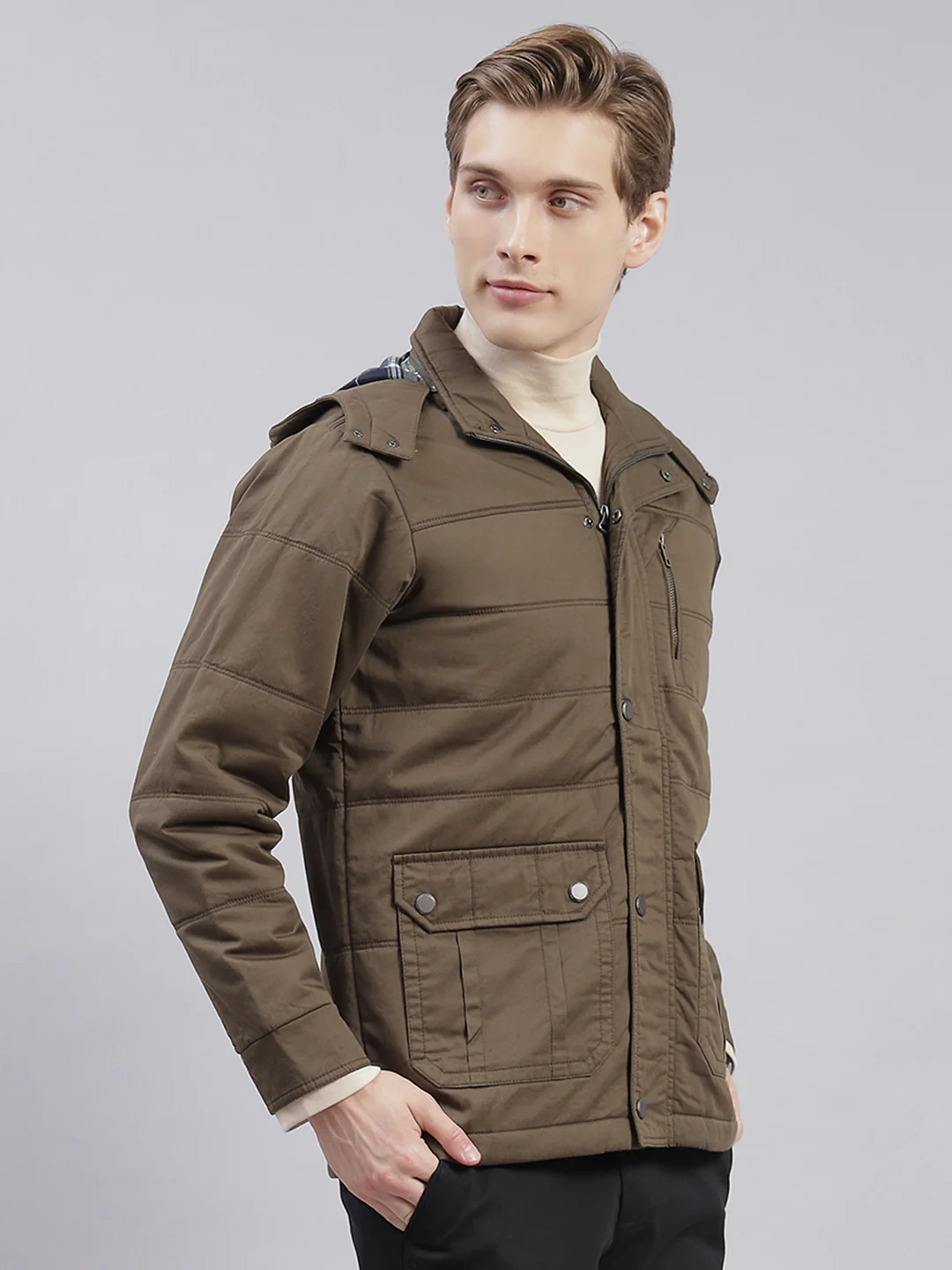 Men Olive Solid Hooded Full Sleeve Jackets - Image 5