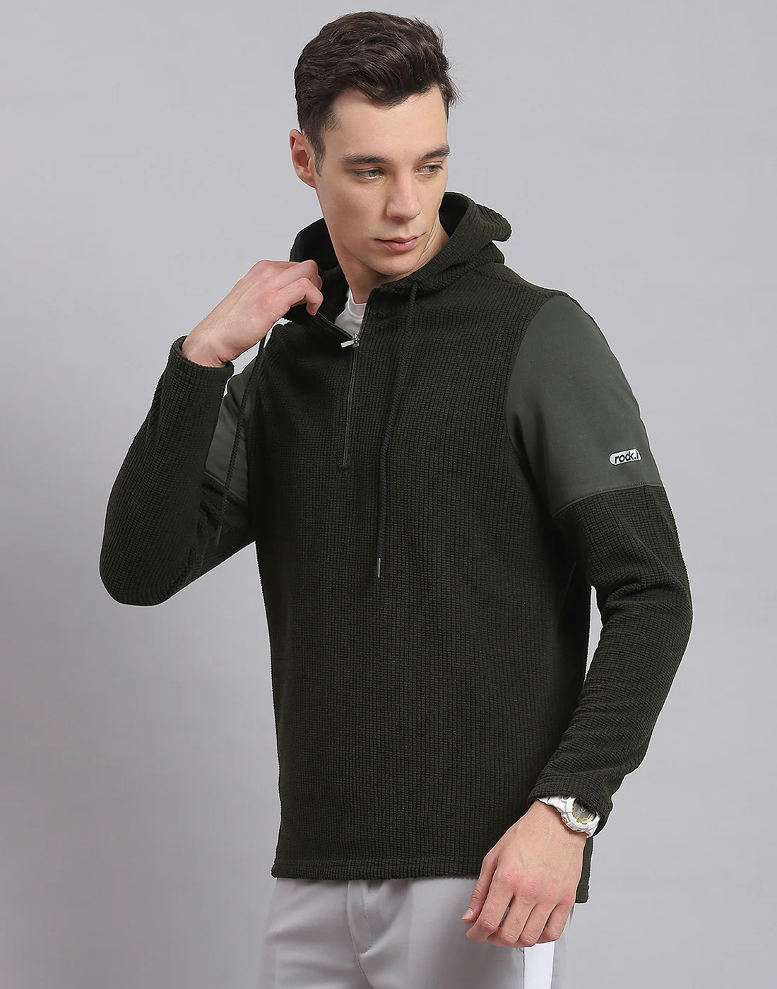 Rock.it Men Olive Solid Hooded Full Sleeve Sweatshirt - Image 3