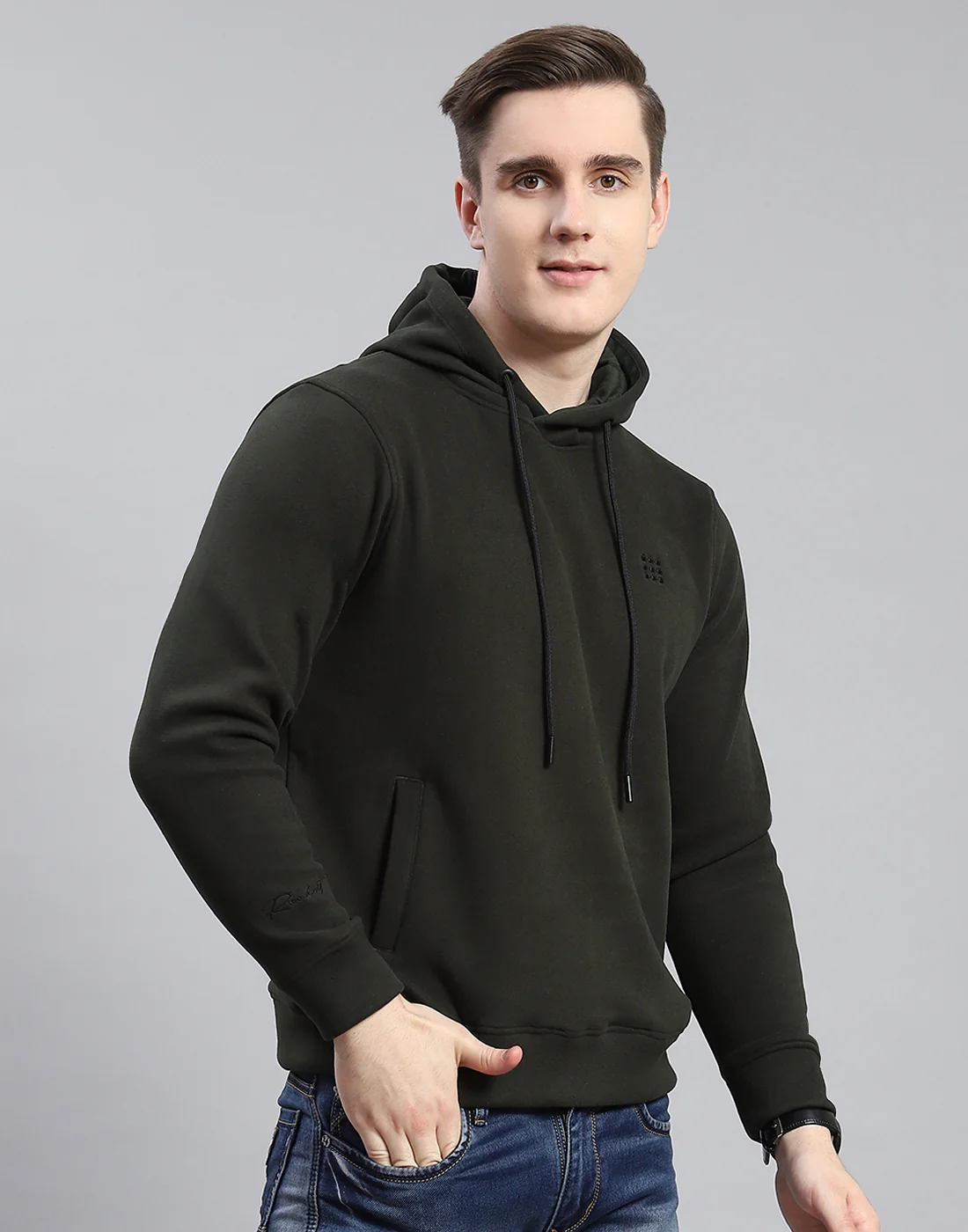 Rock.it Men Olive Solid Hooded Full Sleeve Sweatshirt - Image 4