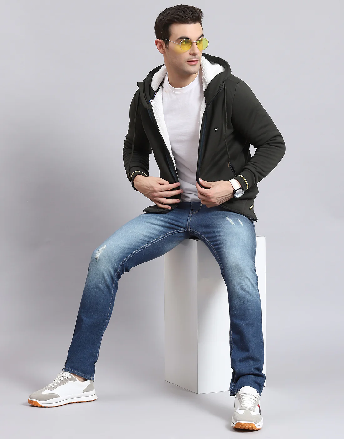 Men Olive Solid Hooded Full Sleeve Sweatshirt - Image 7