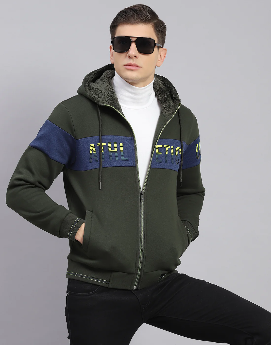 Men Olive Solid Hooded Full Sleeve Sweatshirt - Image 2