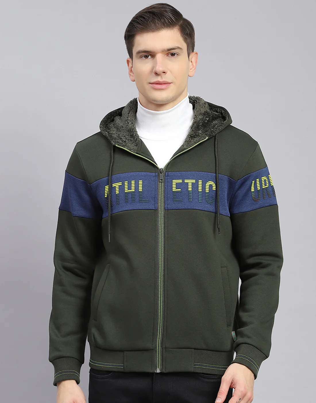 Men Olive Solid Hooded Full Sleeve Sweatshirt - Image 3