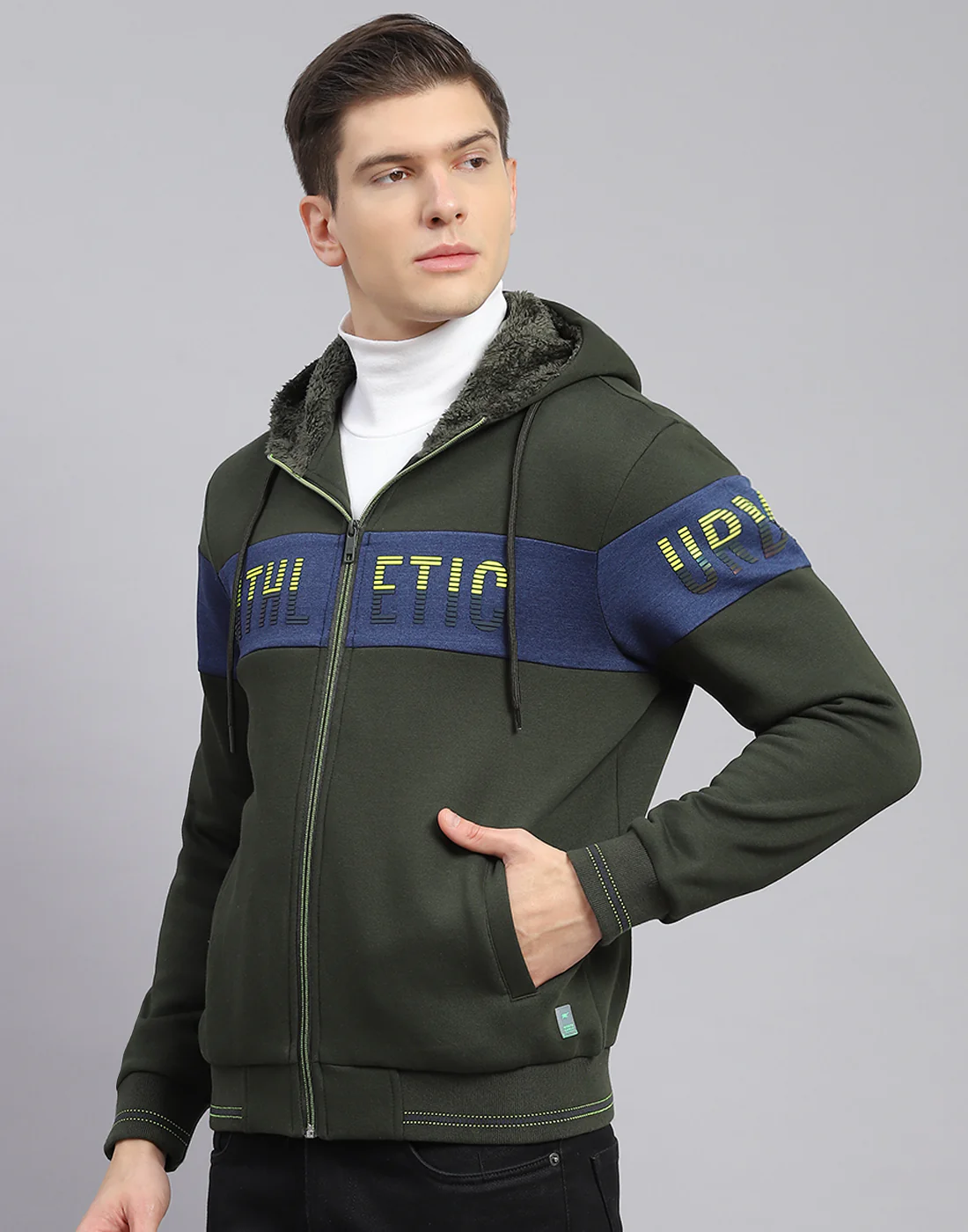 Men Olive Solid Hooded Full Sleeve Sweatshirt - Image 4