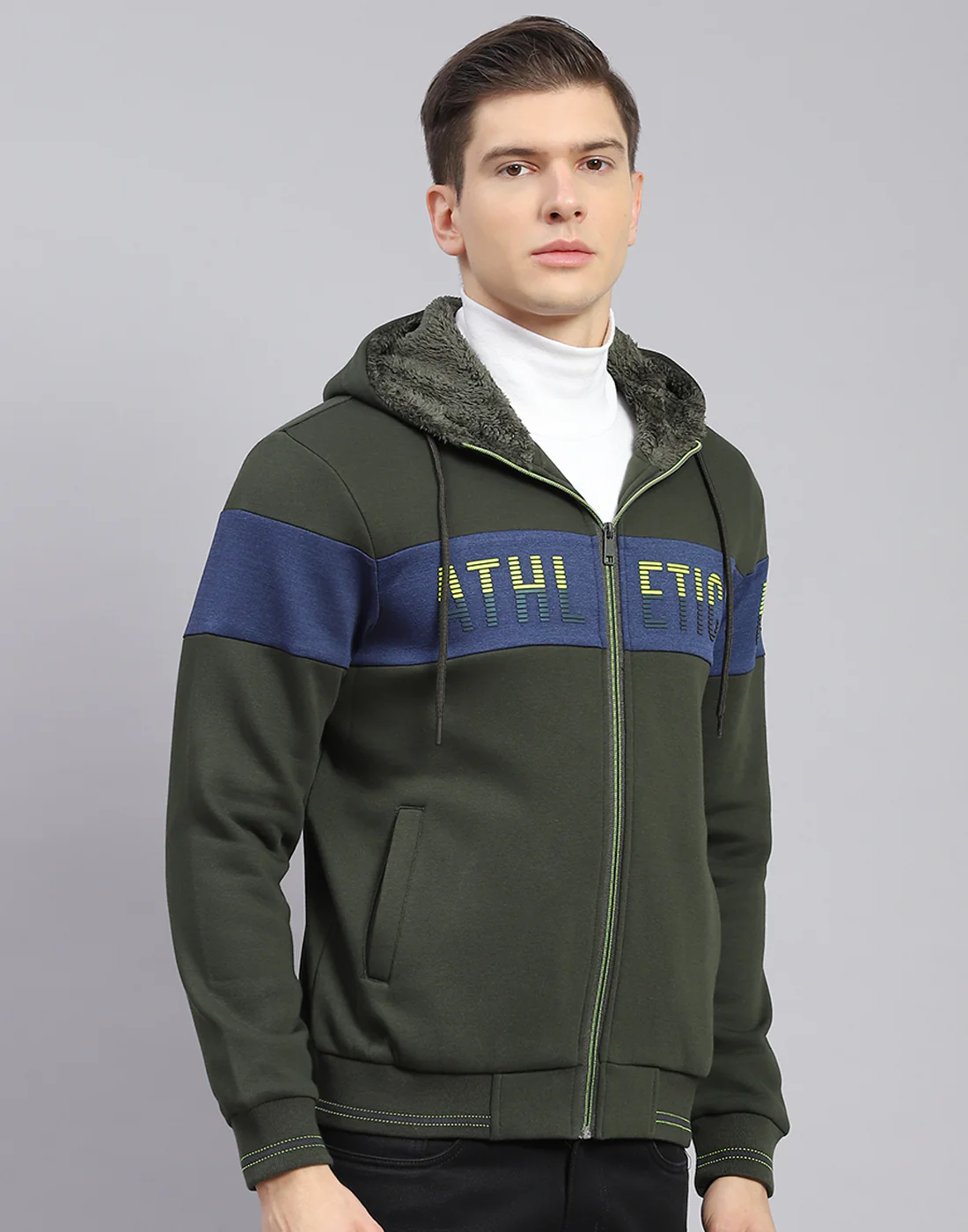 Men Olive Solid Hooded Full Sleeve Sweatshirt - Image 6