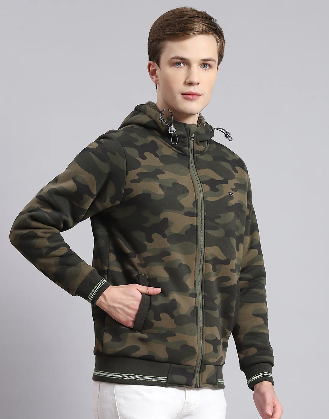 Men Olive Solid Hooded Full Sleeve Sweatshirt - Image 4