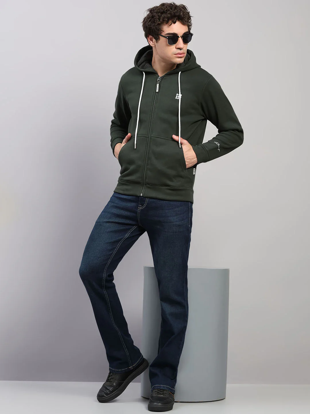 Rock.it Men Olive Solid Hooded Full Sleeve Sweatshirt - Image 2