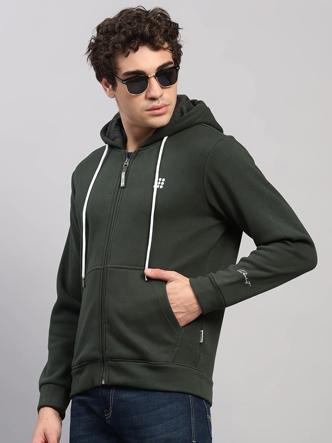 Rock.it Men Olive Solid Hooded Full Sleeve Sweatshirt - Image 3