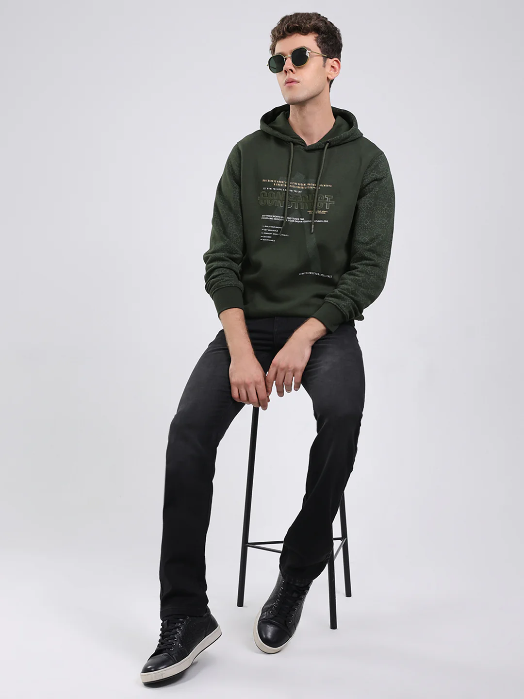 Men Olive Solid Hooded Full Sleeve Sweatshirt - Image 2