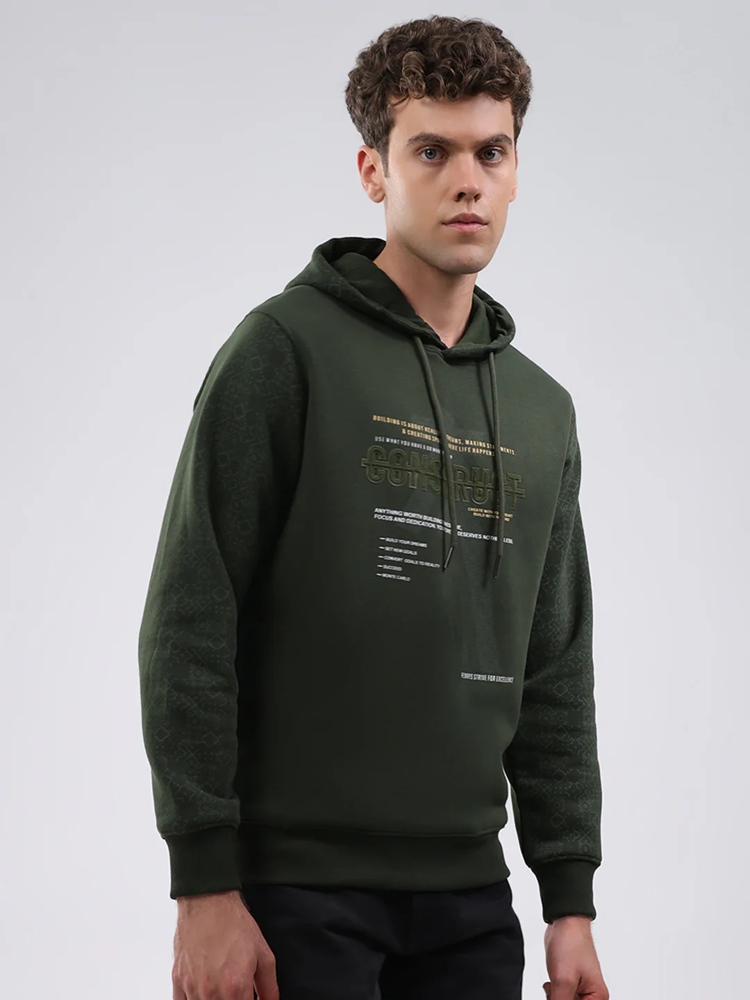 Men Olive Solid Hooded Full Sleeve Sweatshirt - Image 4