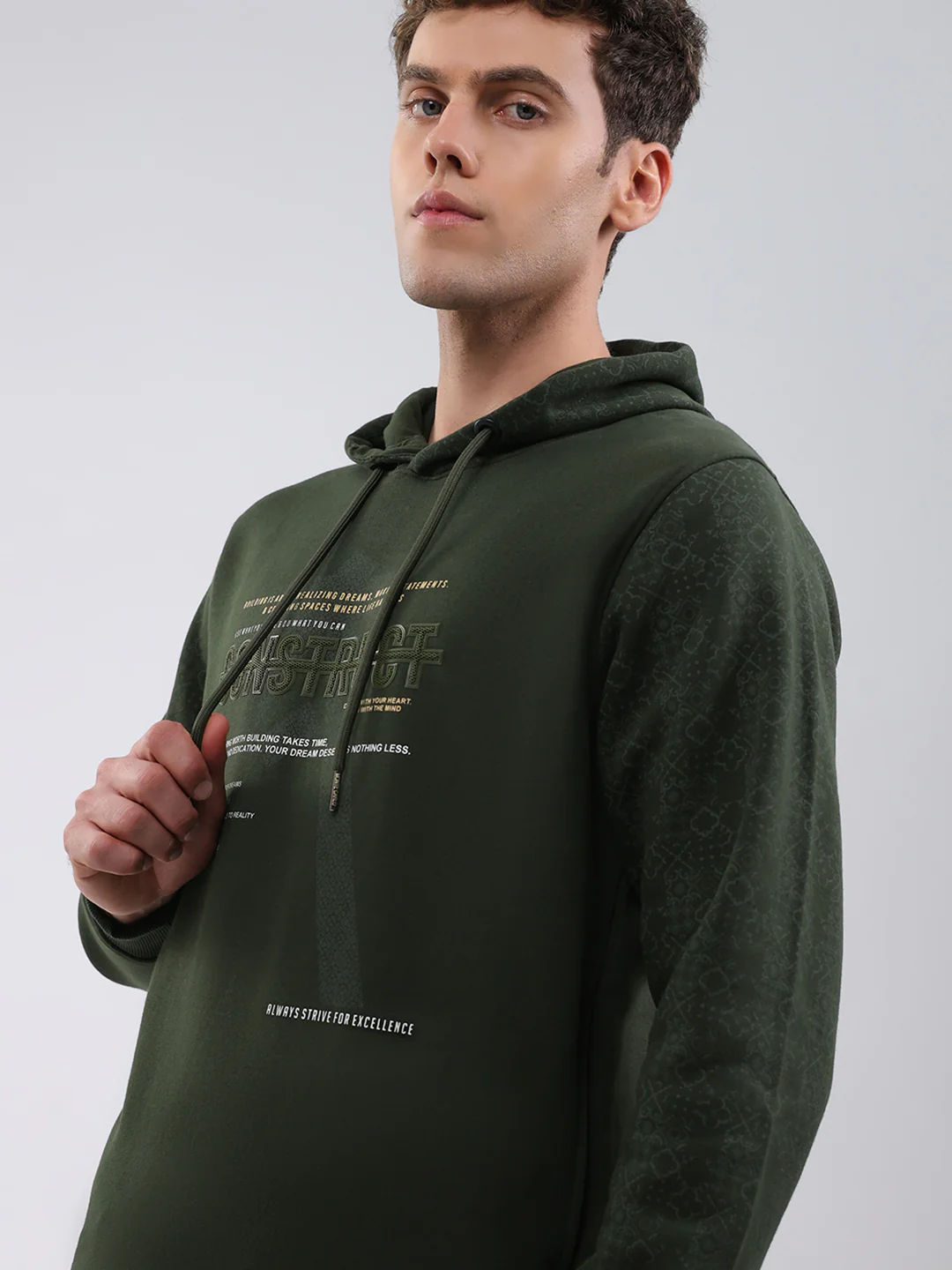 Men Olive Solid Hooded Full Sleeve Sweatshirt - Image 6