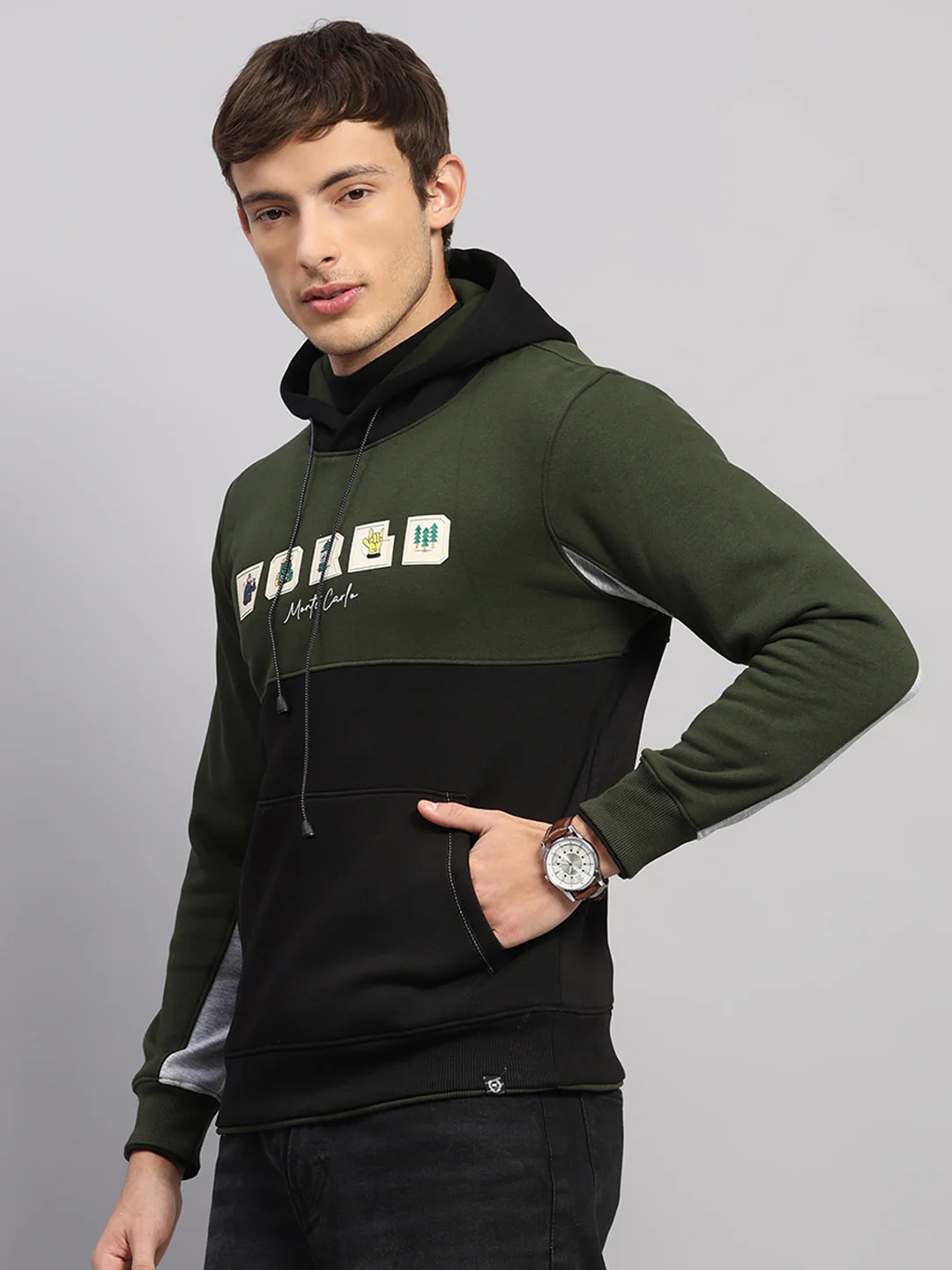 Men Olive Solid Hooded Full Sleeve Sweatshirt - Image 3