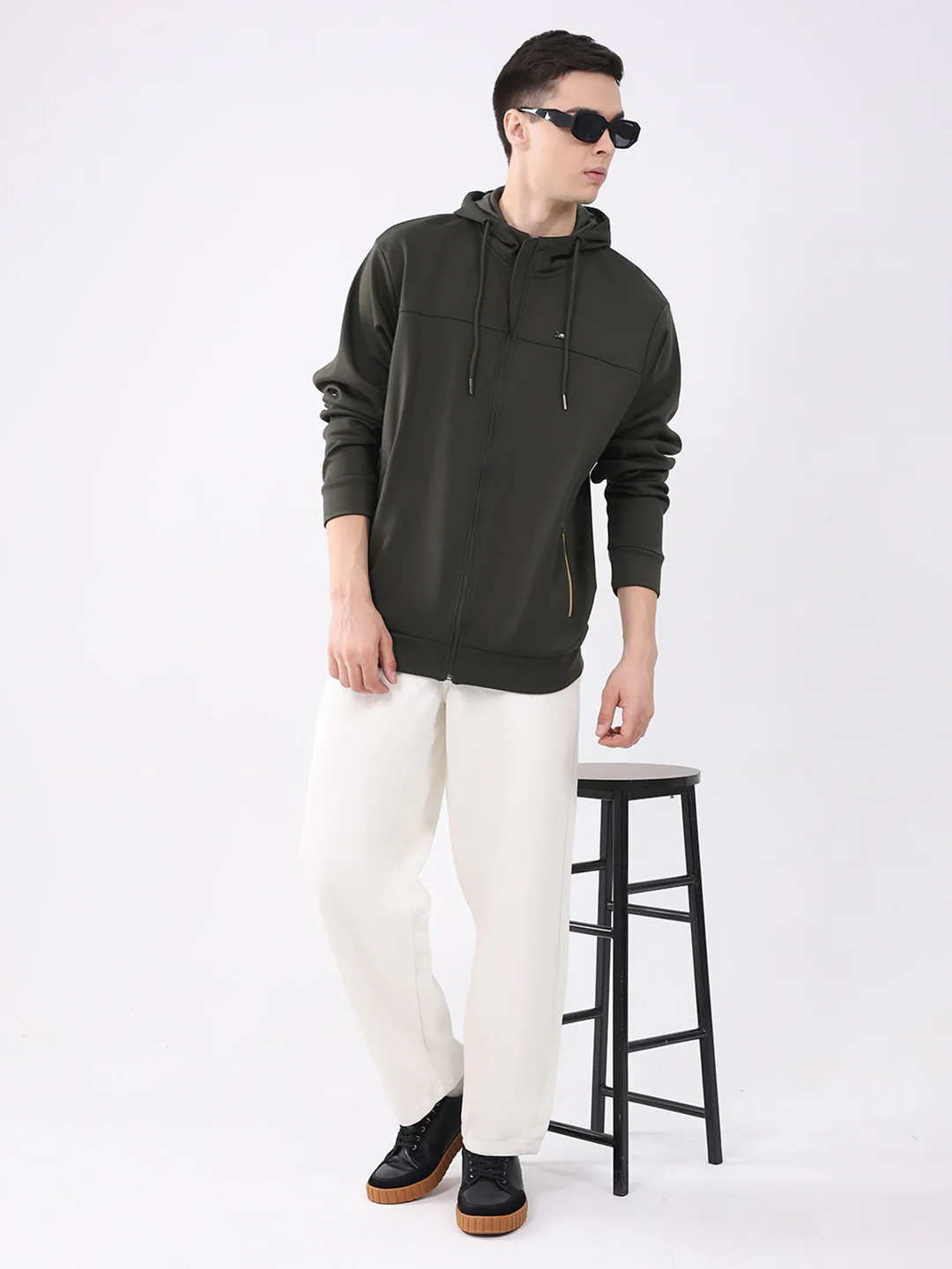 Men Olive Solid Hooded Full Sleeve Sweatshirt - Image 2
