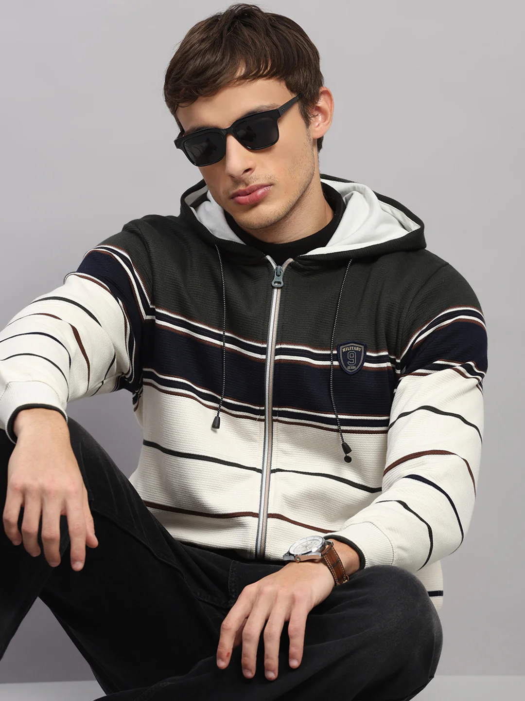 Men Olive Solid Hooded Full Sleeve Sweatshirt - Image 6
