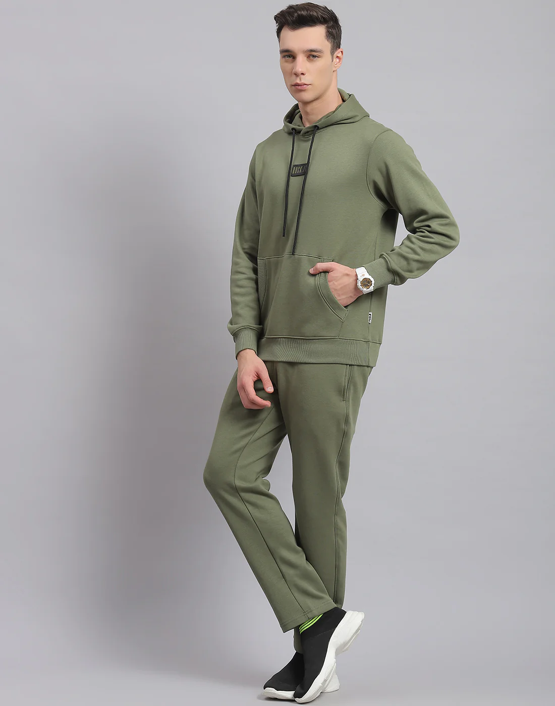 Rock.it Men Olive Solid Hooded Full Sleeve Tracksuit - Image 3