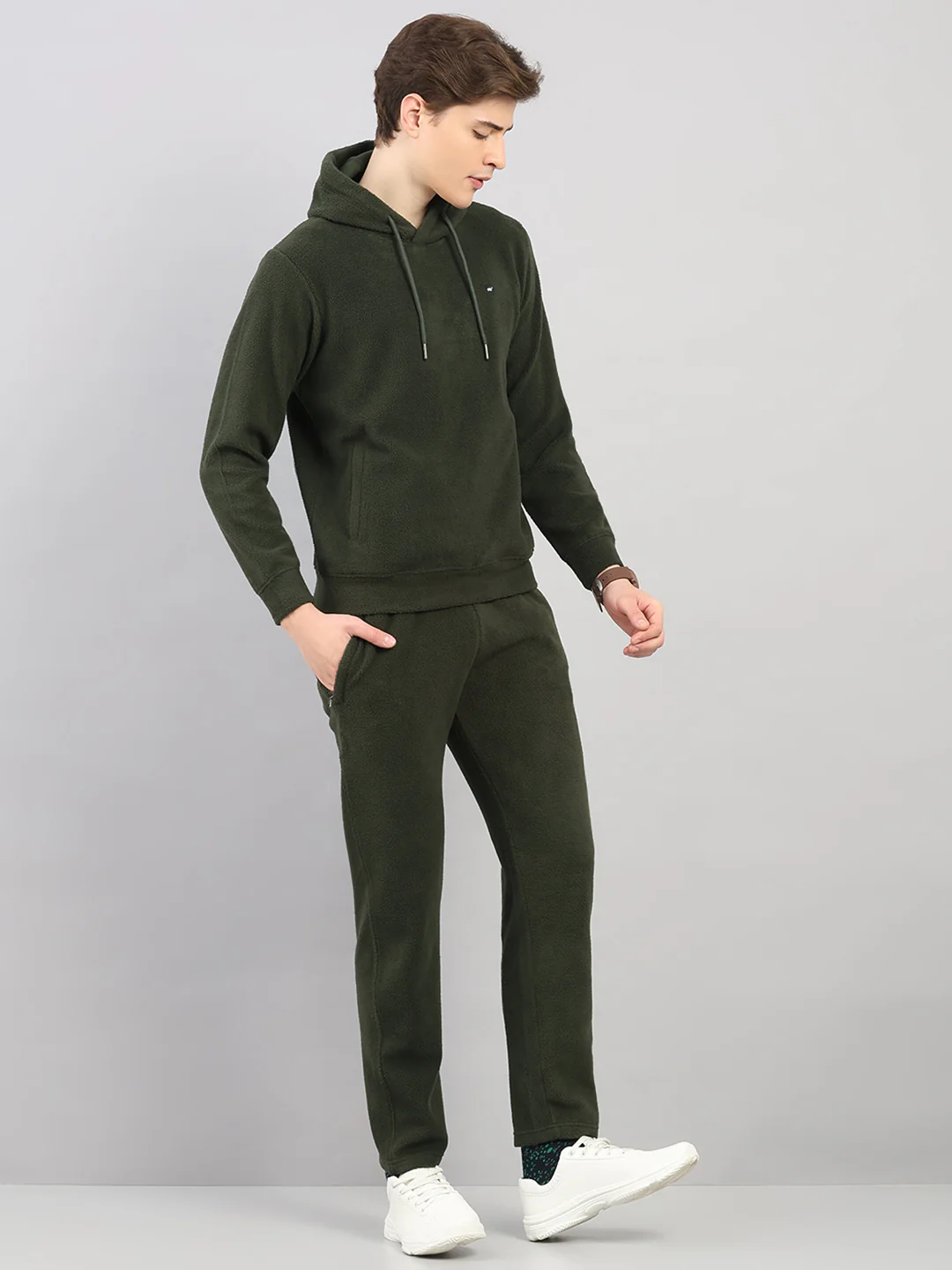 Men Olive Solid Hooded Full Sleeve Winter Tracksuit - Image 4