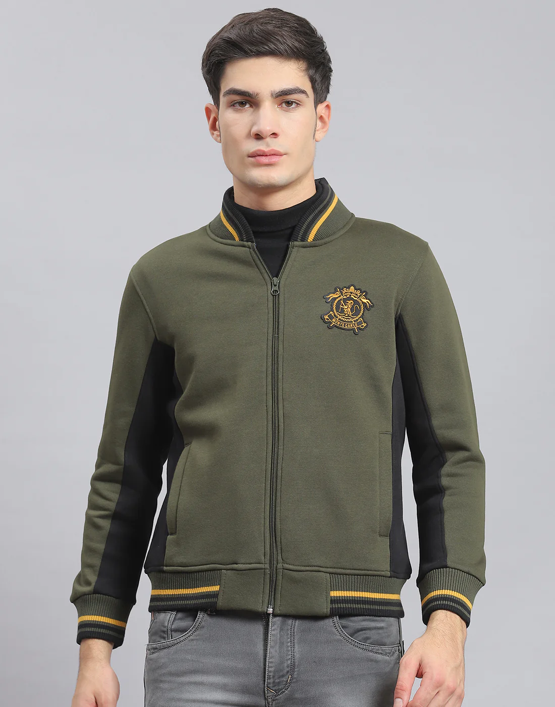 Men Olive Solid Mandarin Collar Full Sleeve Sweatshirt - Image 2