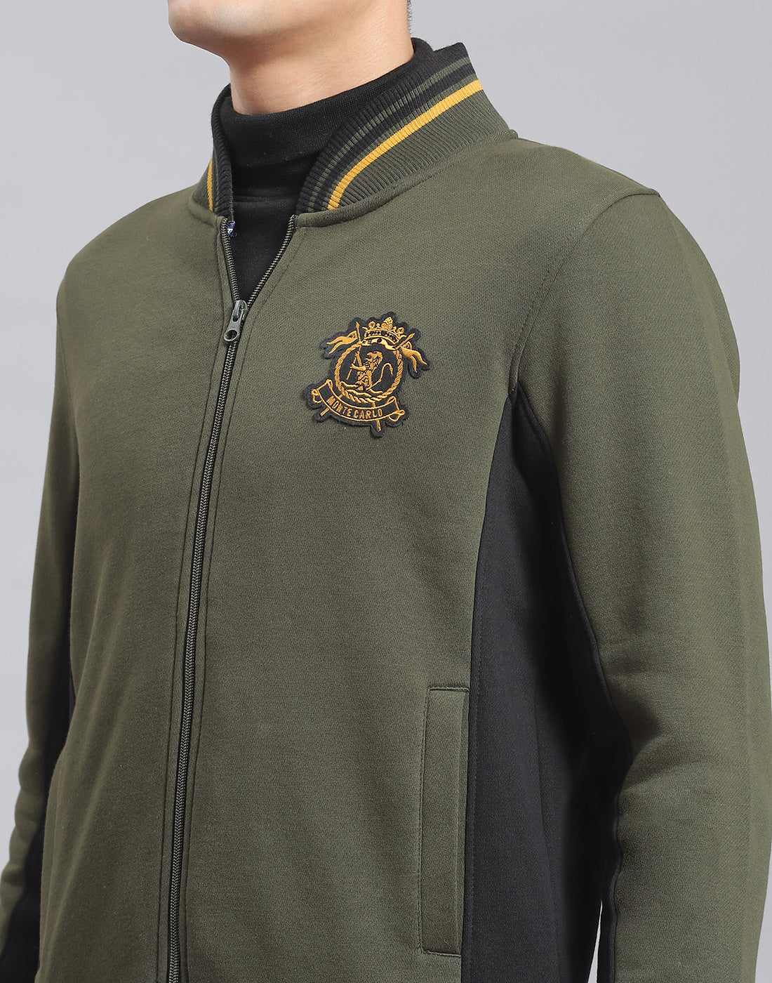 Men Olive Solid Mandarin Collar Full Sleeve Sweatshirt - Image 6