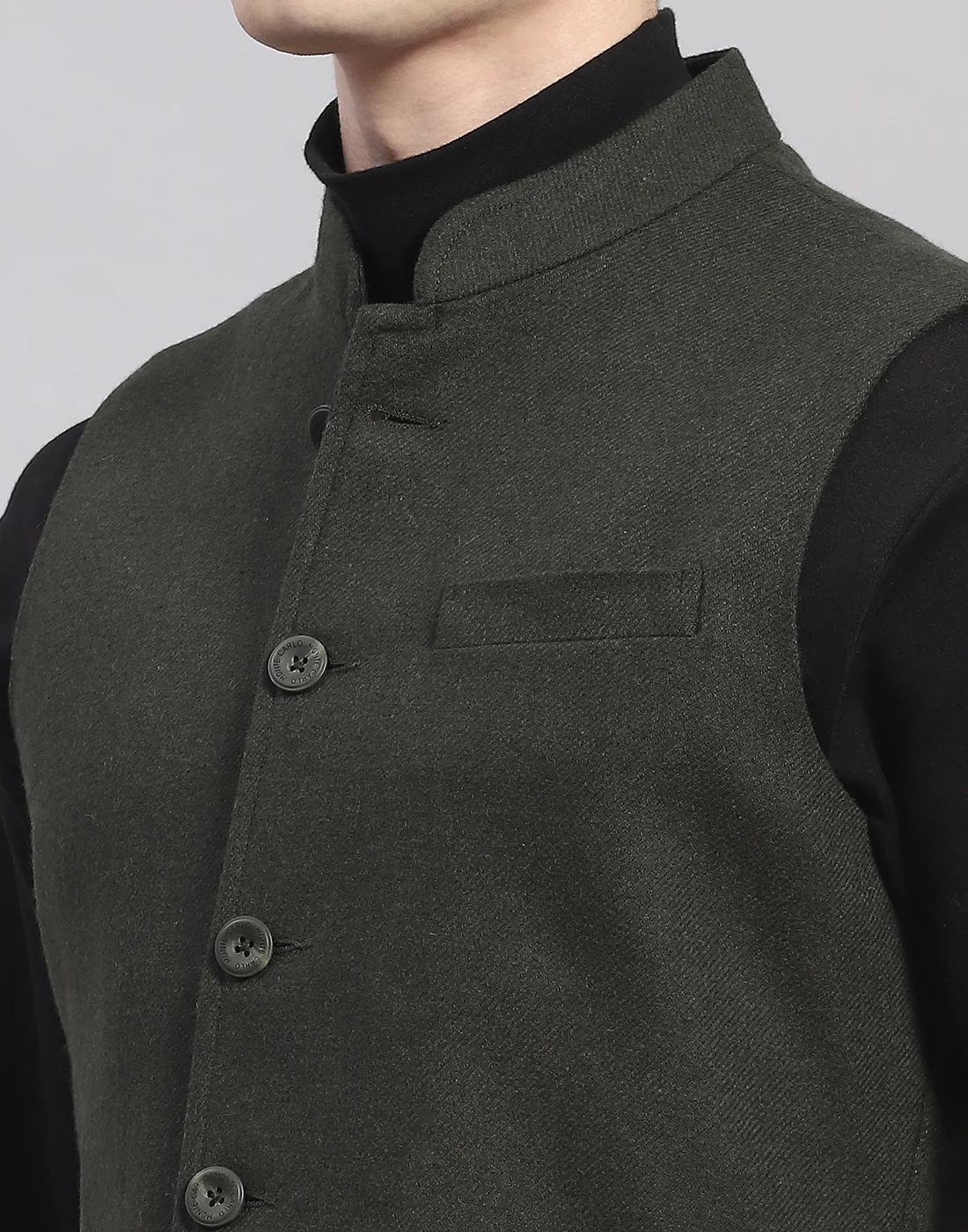 Men Olive Solid Mandarin Collar Sleeveless Nehru Jacket - Image 7
