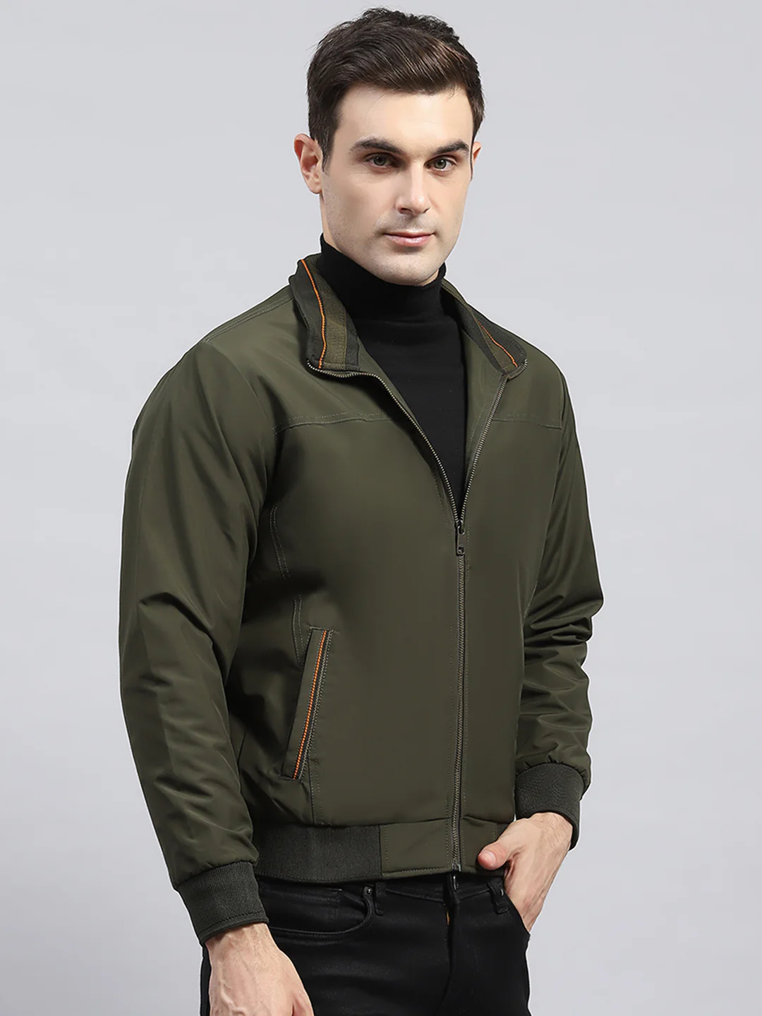 Men Olive Solid Mock Neck Full Sleeve Jacket - Image 4