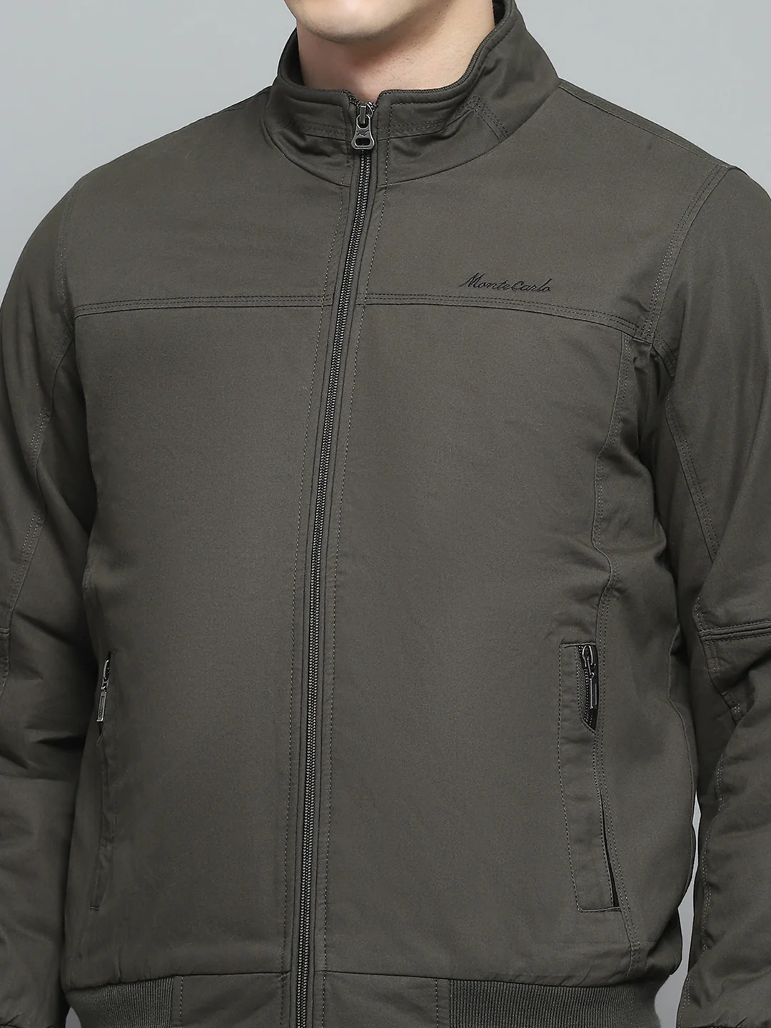 Men Olive Solid Mock Neck Full Sleeve Jacket - Image 6
