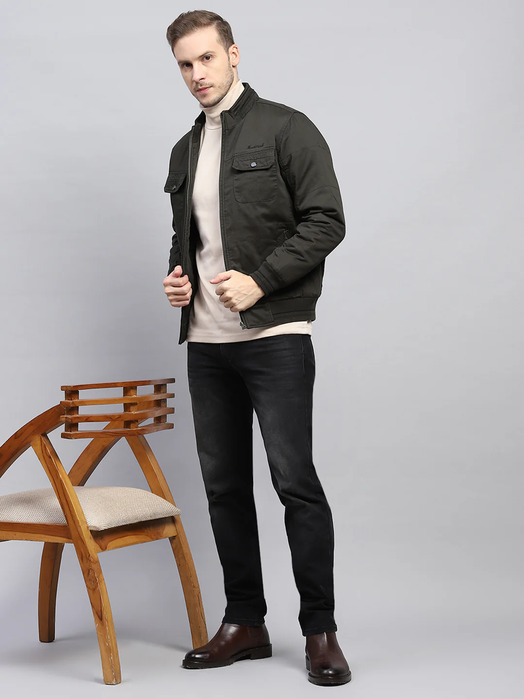 Men Olive Solid Mock Neck Full Sleeve Jacket - Image 2