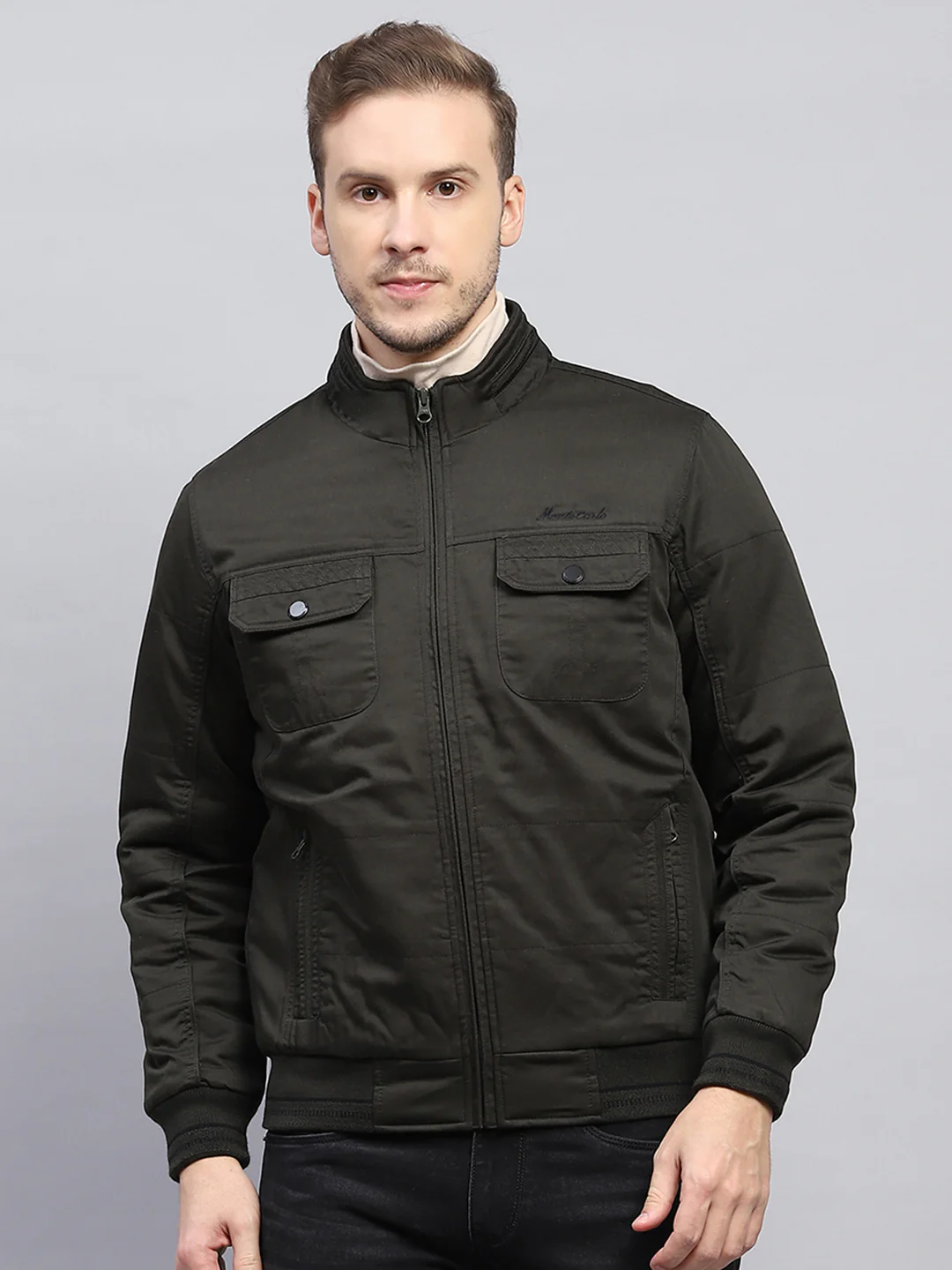 Men Olive Solid Mock Neck Full Sleeve Jacket - Image 3