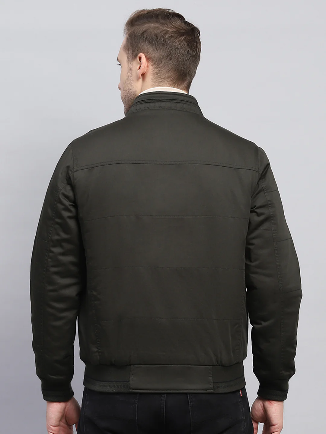 Men Olive Solid Mock Neck Full Sleeve Jacket - Image 5