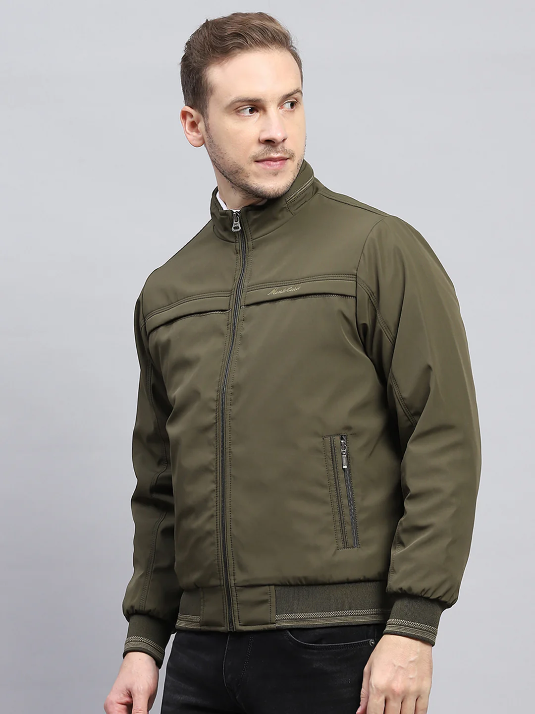 Men Olive Solid Mock Neck Full Sleeve Jacket - Image 3