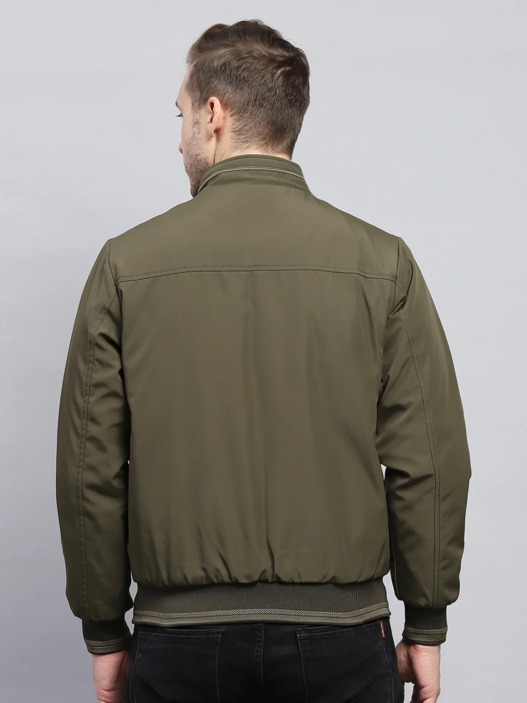 Men Olive Solid Mock Neck Full Sleeve Jacket - Image 5